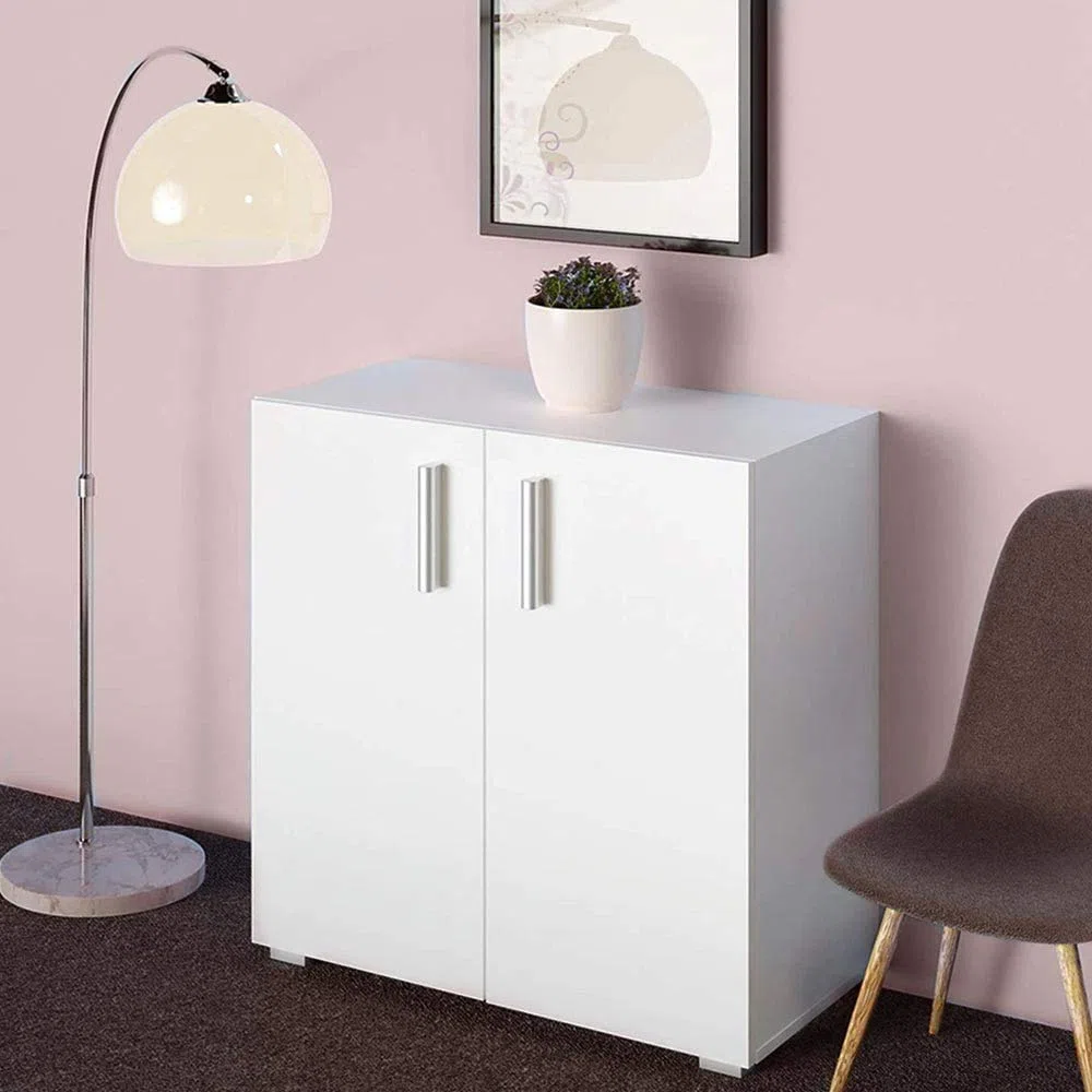BAKAJI Mobile Madia con Doppia Anta e 2 Ripiani Interni Mobiletto Portadocumenti Armadio Multiuso per Ufficio, Cucina o Bagno, Credenza Design Moderno Legno MDF Dimensione 77 x 31 x 60 cm (Bianco)