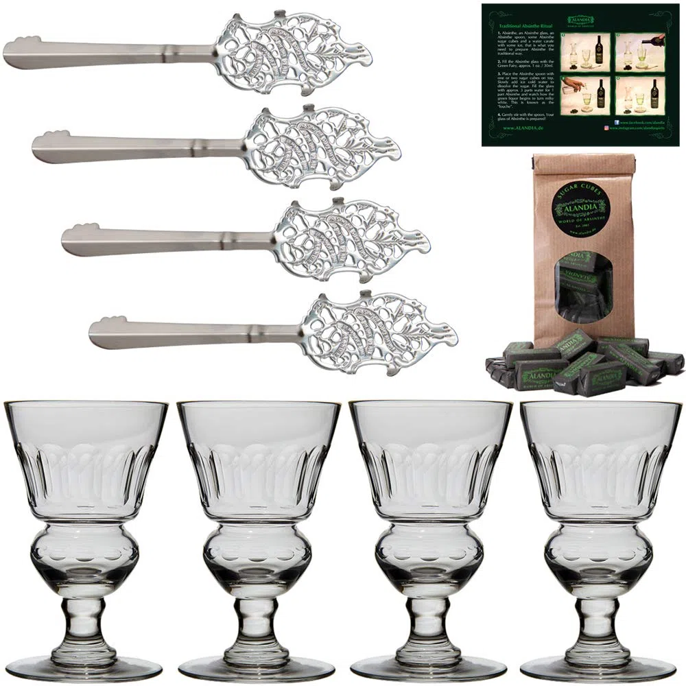 ALANDIA Assenzio Set Il Migliore | 4X Bicchieri per Assenzio Fatti a Mano | 4X Cucchiai per Assenzio | 1X Cubetti di Zucchero