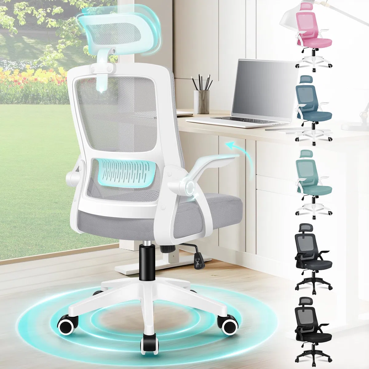 ALFORDSON Sedia da Ufficio Scrivania Ergonomica, Con Braccioli Pieghevoli, Sedile Imbottito e Schienale in Rete Traspirante, Girevole con Ruote, Funzione Oscillante, Portata 180 kg(Bianca e grigia)