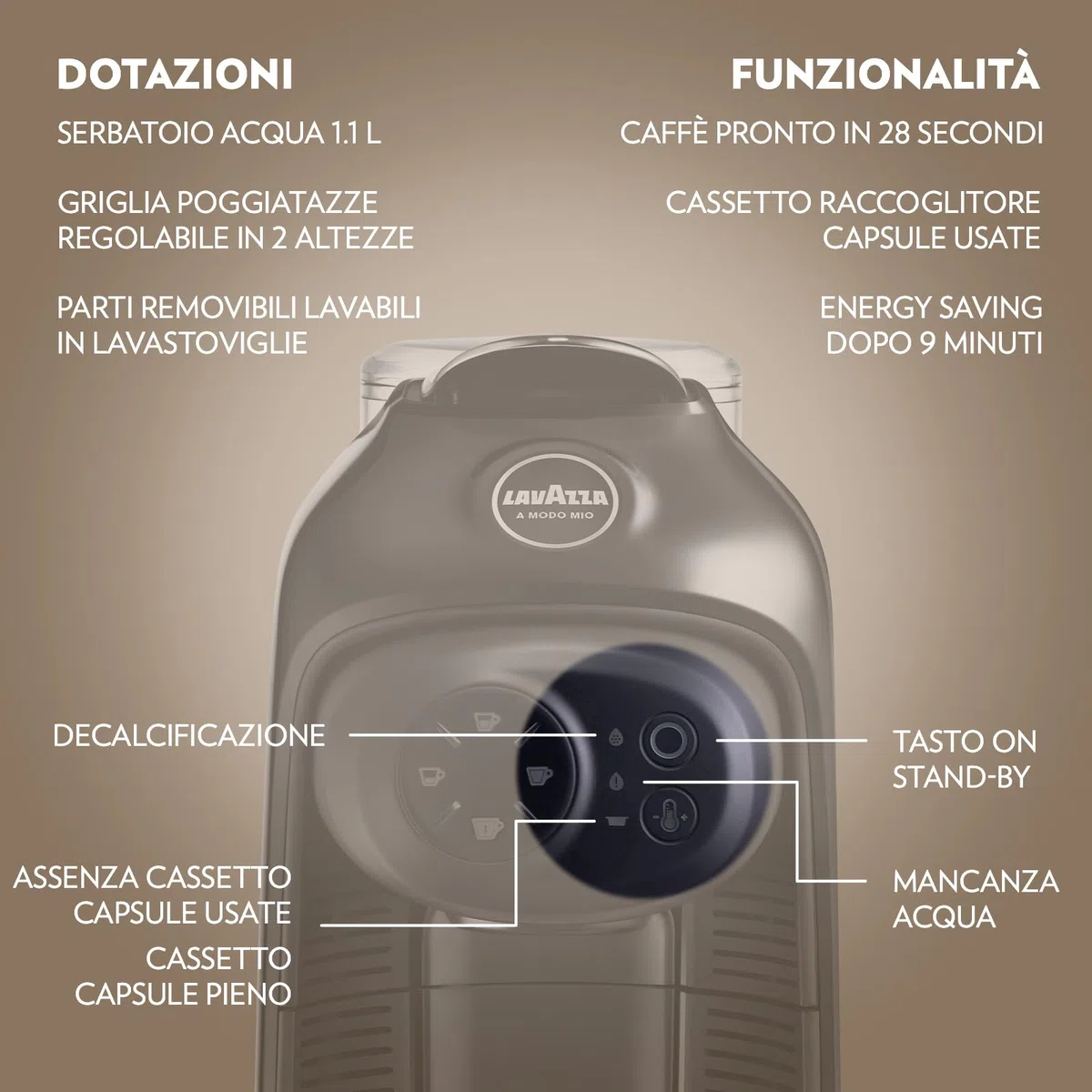 Lavazza, A Modo Mio Macchina per Caffè Idola Nera con 64 Capsule A Modo Mio Assortite, Macchina per Espresso Compatta e Silenziosa, 1500 W, 220-240 V, 50/60 Hz, Capacità Max 1.1 Litri d'Acqua