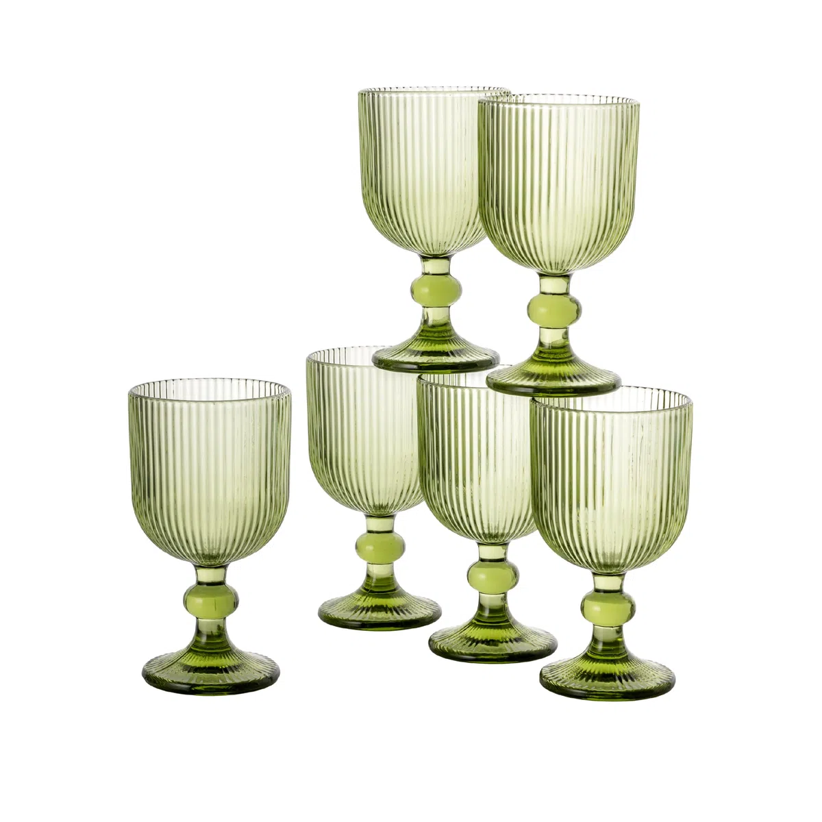 Baroni Home Set 6 pz di Calici in Vetro Colorati e Decorati con Righe in Rilievo 20 CL, Calici Eleganti Lavabili in Lavastoviglie, 8x8x14,5 cm, Verde