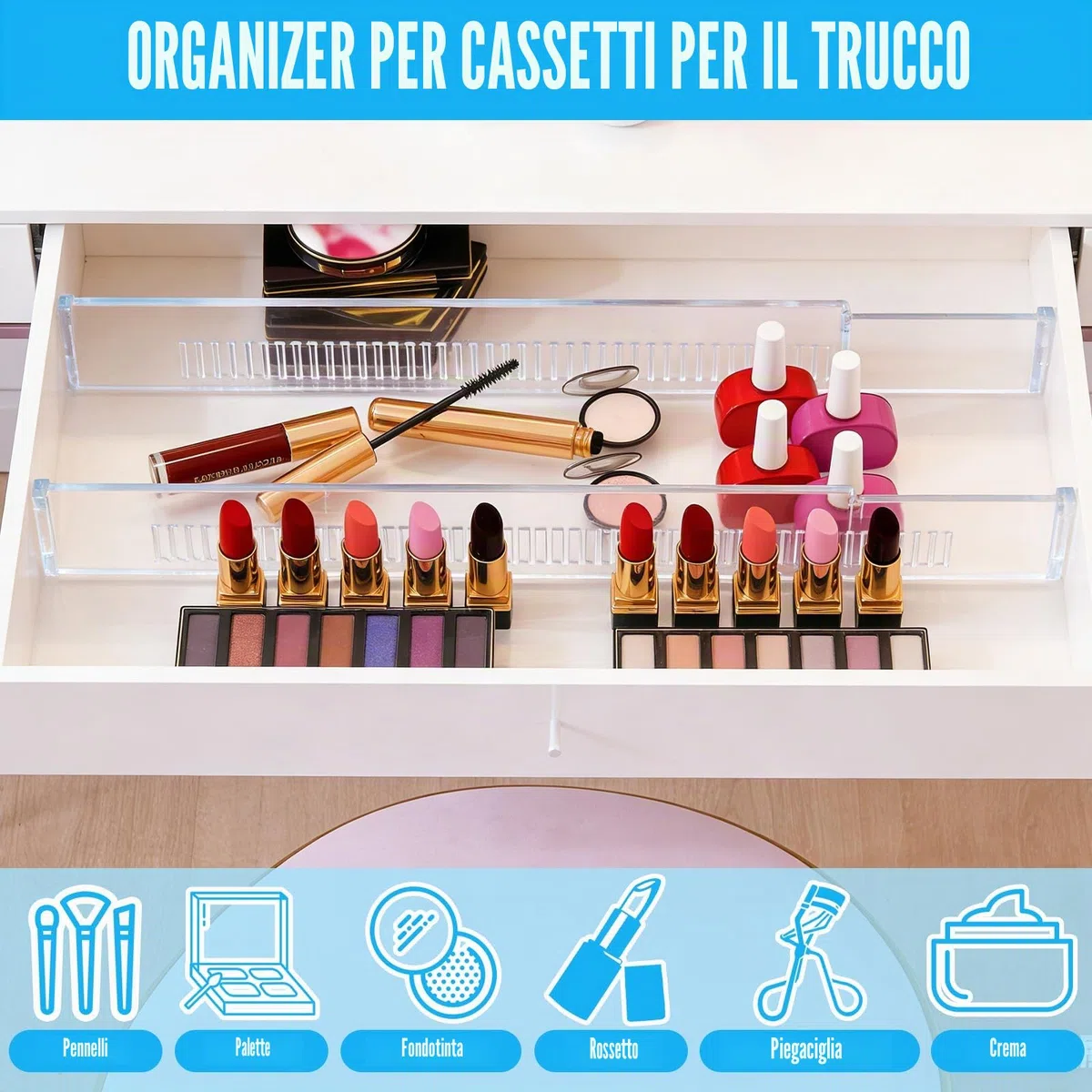 8 Pezzi Divisori per Cassetti Regolabili, Cassetti in Trasparente Separatori, Regolabile Da 28,7 a 50,5 cm, Divisori per Cassetti in Plastica per Bagno,Comò, Cucina O Trucco Conservazione