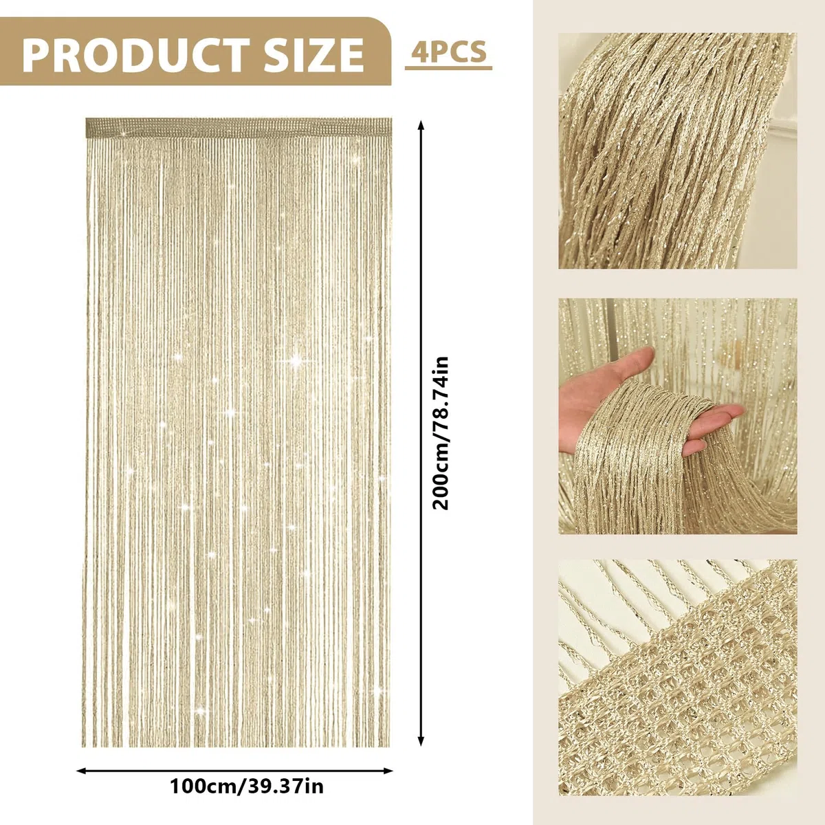 Set di 4 tende a fili glitterate da 100 x 200 cm, tenda per porta e divisorio in perle, per matrimoni, bar e balconi, protezione dagli insetti e decorazione in una (champagne)