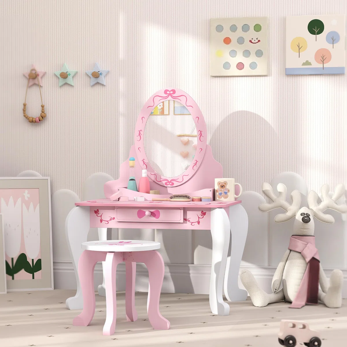 AIYAPLAY, set tavolo da toeletta per bambini, tavolo da toeletta a due pezzi con sgabello, specchio, cassetto, spazio di archiviazione sul desktop, tema del balletto, tavolo da trucco per ragazze