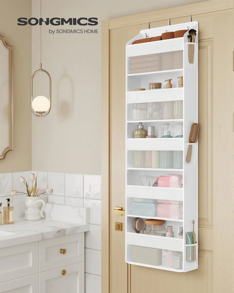 SONGMICS Organizer da Porta, 5 Scomparti, Portaoggetti da Appendere Pieghevole, Ganci in Metallo, Trasparente, Tasche Laterali, Bianco Nuvola RDH010WH01