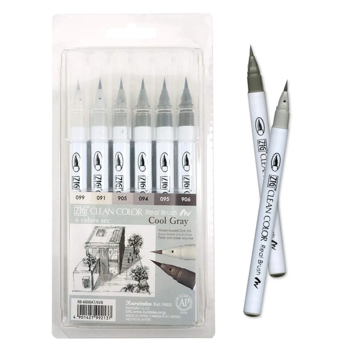 Kuretake ZIG Clean Color Real Brush Marker, punte flessibili a pennello, pennelli ad acquerello per pittura, disegno, calligrafia e lettering a pennello per artisti, prodotto in Giappone (set di 6