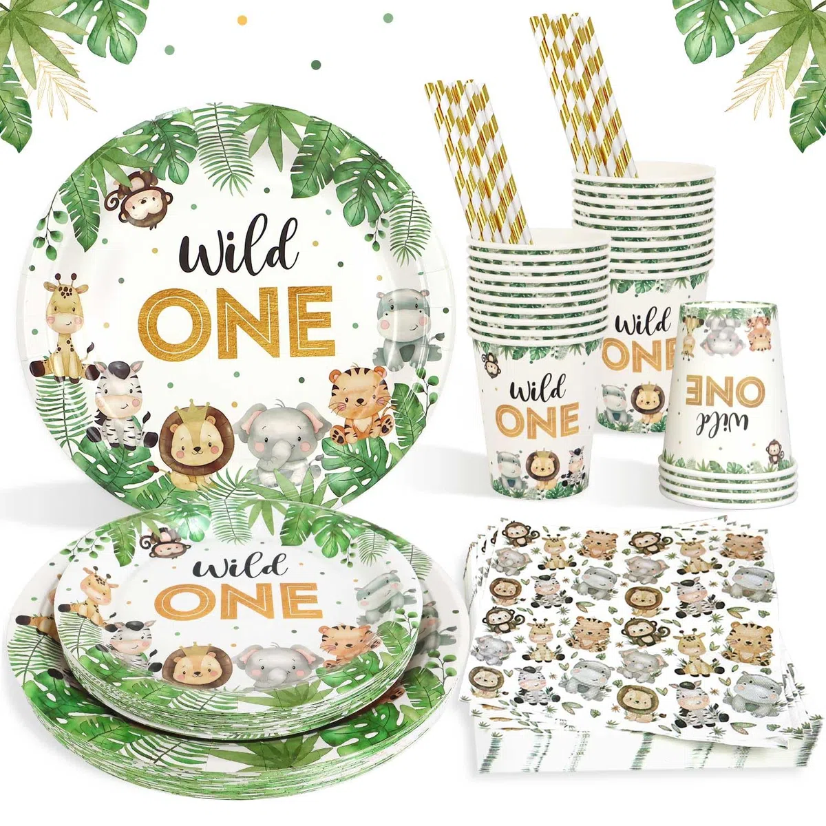 Decorazioni Compleanno 1 Anno Piatti Animali Set per 25 Ospiti, 100 Pezzi Primo Compleanno Bimbo Safari Giungla Stoviglie Wild One Feste Piatti Carta, Tazze e Tovaglioli per Bimbo Ragazzi