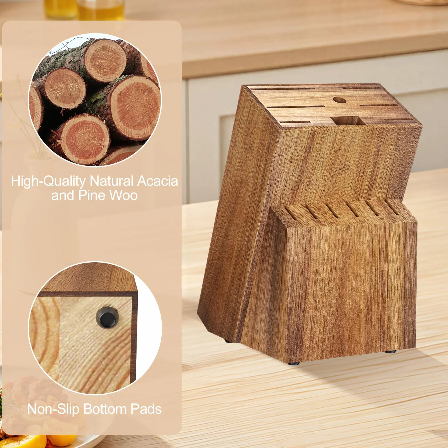 Ceppo Coltelli da Cucina, Ceppo in Legno Con 14 Scomparti, Affilacoltelli e Forbici Incluso, Porta Coltelli Cucina, Blocco Portacoltelli Senza Coltello, Base Antiscivolo, Universale, Pino