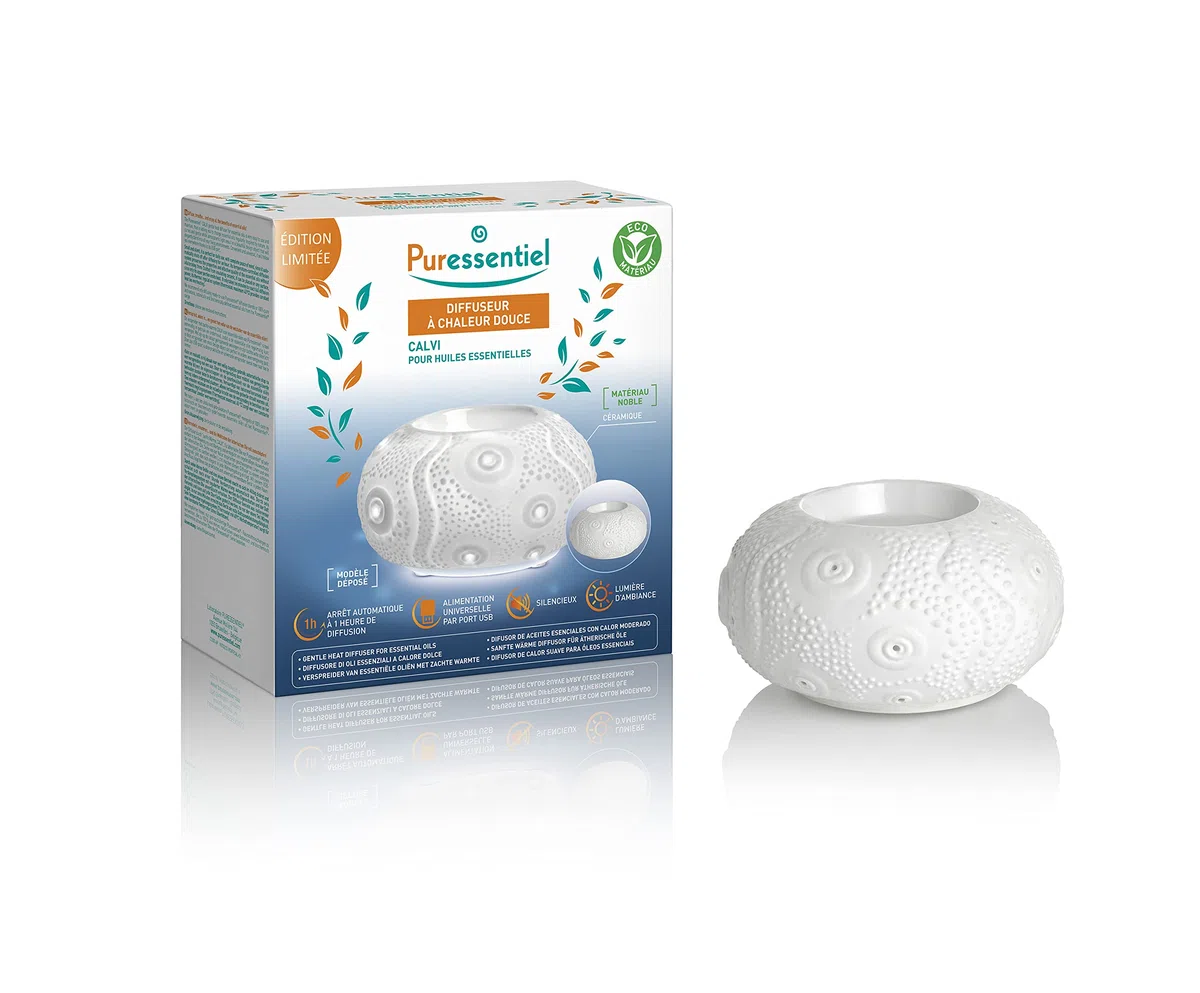 Puressentiel - Nuovo Diffusore di oli essenziali Calvi a calore dolce - Regolazione termica - Diffusore in ceramica - Luce d'atmosfera - Silenzioso - Spegnimento automatico