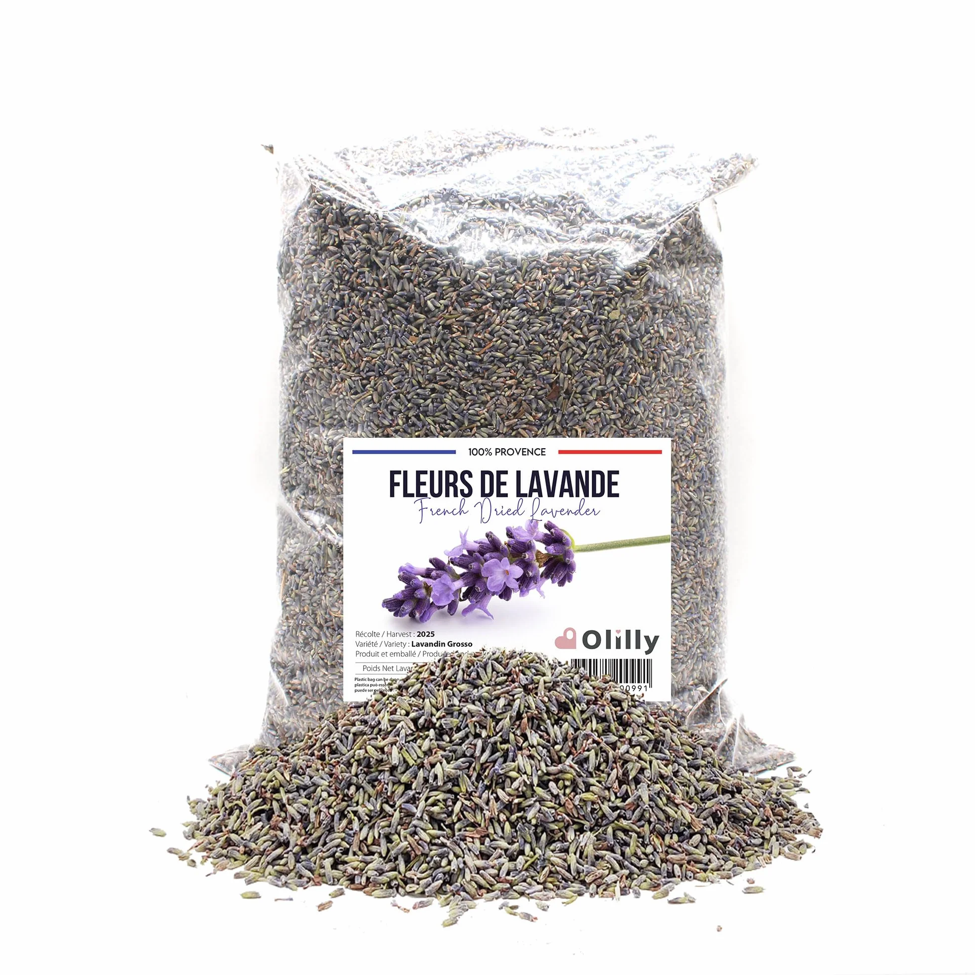 OLILLY - 1 KG - Raccolta 2025 - Fiori di Lavanda Essiccati di Provenza (Lavandin Grosso, 1000 Grammi)