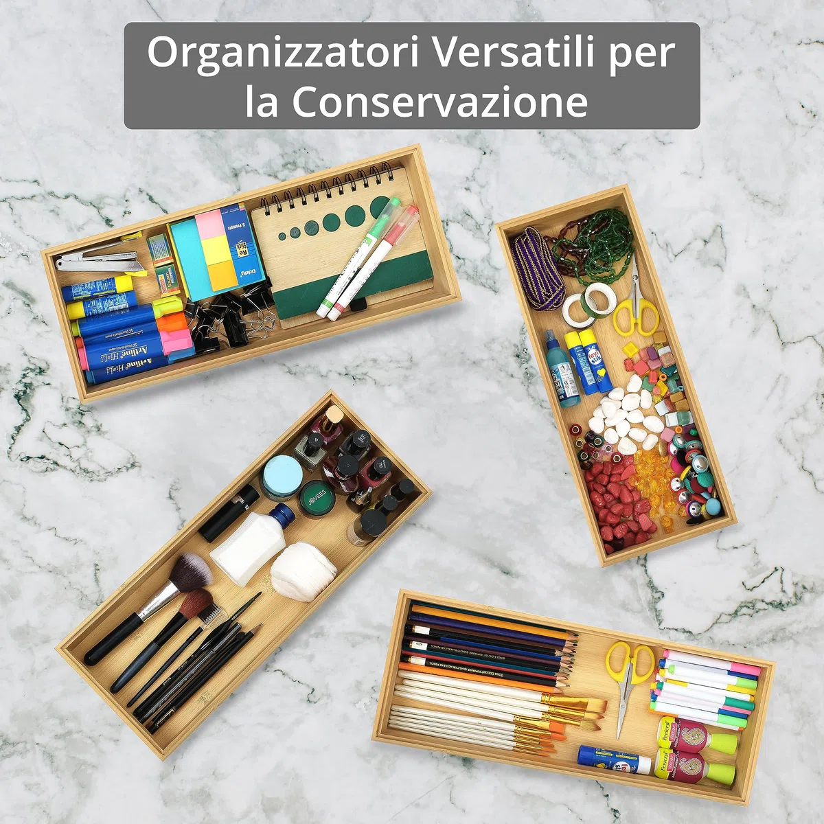 Winter Shore Organizer Cassetti Cucina in Bambù [2 Set] - Portaposate Legno Naturale Impilabili - Porta Posate Cucina Cassetto Grande per Dispensa e Argenteria - 15,5 x 6,5 x 38,5 cm
