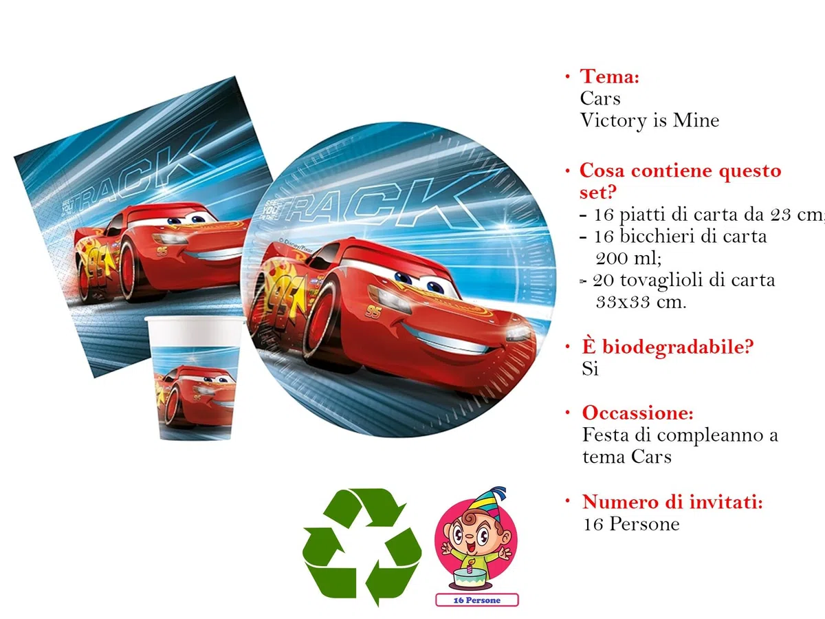 Kit festa di compleanno Cars Victory is Mine per 16 persone eco-friendly (16 piatti di carta ⌀ 23 cm, 16 bicchieri di carta 200 ml, 20 tovaglioli di carta 33x33 cm)