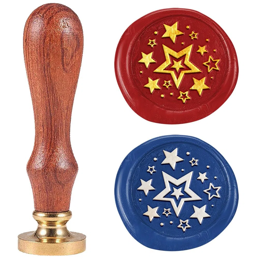 Timbro per ceralacca con molte stelle, stile vintage, 2,5 cm, con testa in ottone rimovibile, con manico in legno, per biglietti di auguri, buste di nozze, inviti, confezioni regalo