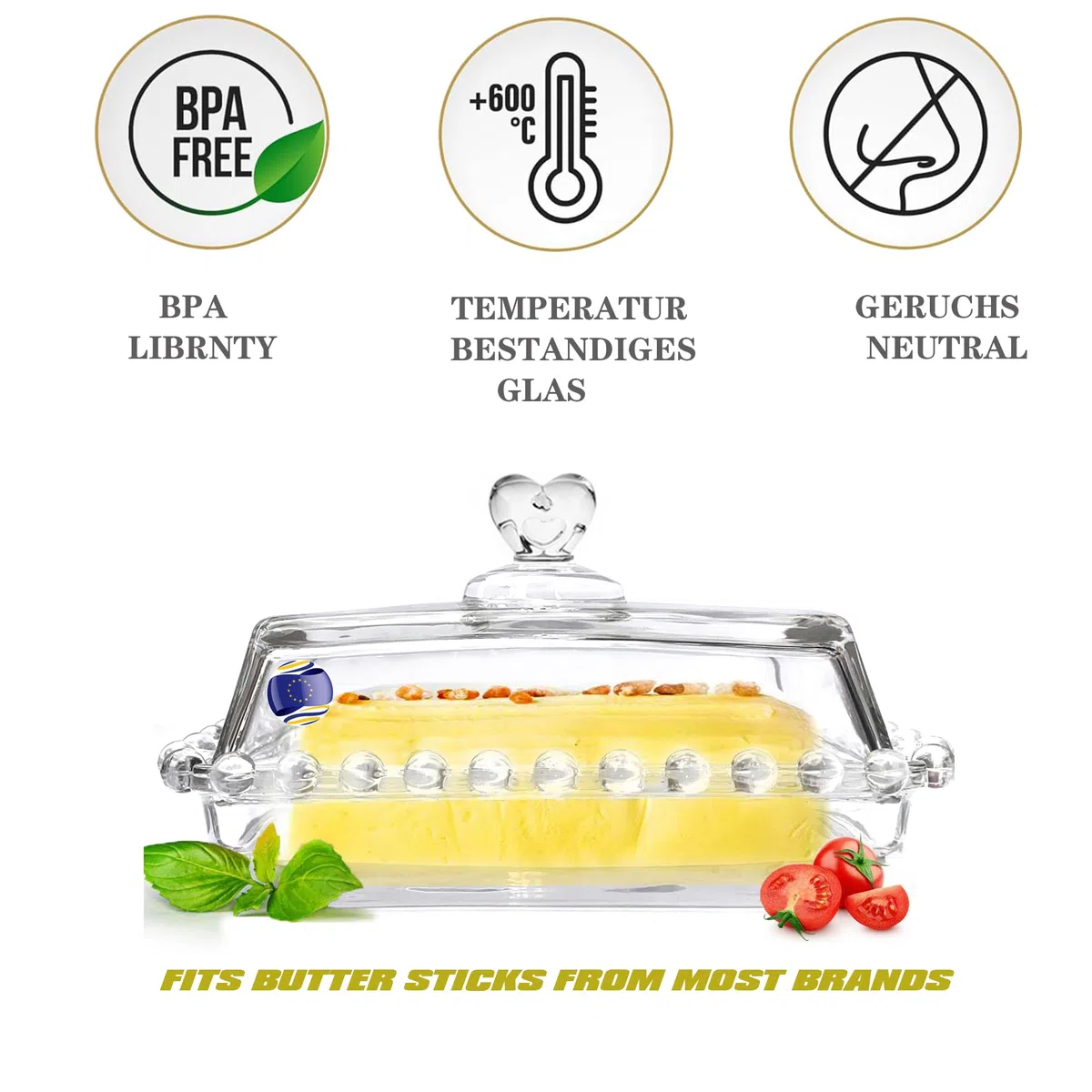 Burriera in Vetro, Contenitore per Burro da Cucina, Igienica Con Fresh-Contenitore per Torte, 100% Senza BPA - Per 250 g di Burro Fresco