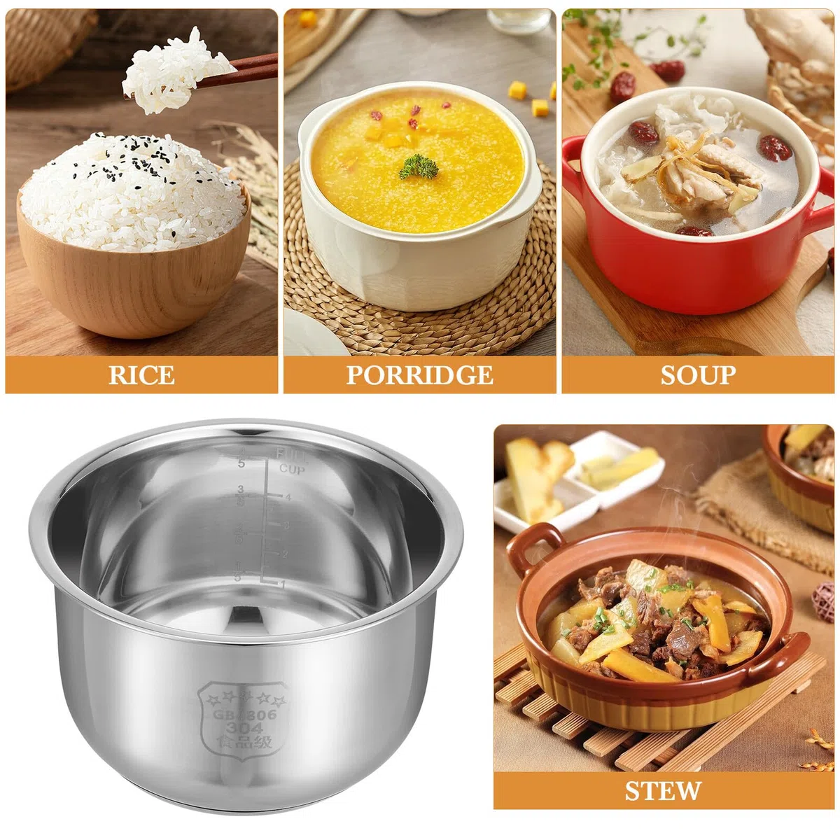 Pentola Interna Cuociriso Inox 304 da 2 Litri, Ricambio Pentola per Cuoci Riso Elettrico Fondo Spesso, Adatta per Cucina e Preparazione Zuppe, Accessorio Sostitutivo Portatile