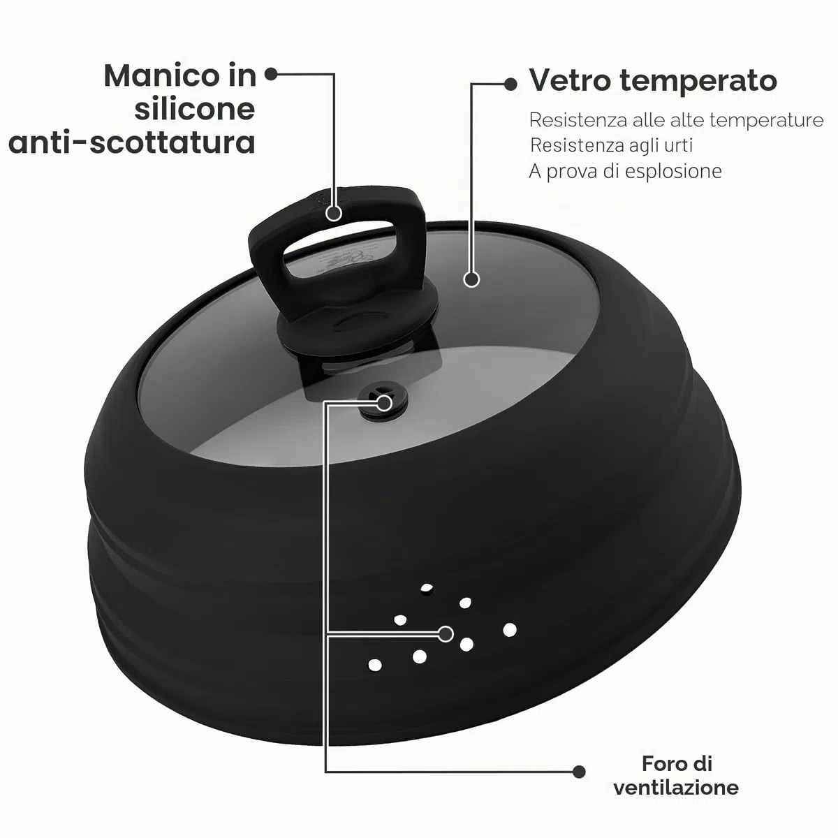 Copertura per microonde in vetro da 30 cm, con manico, pieghevole, in silicone, con sfiato per vapore, per pentola, piatto, ciotola, (nero)