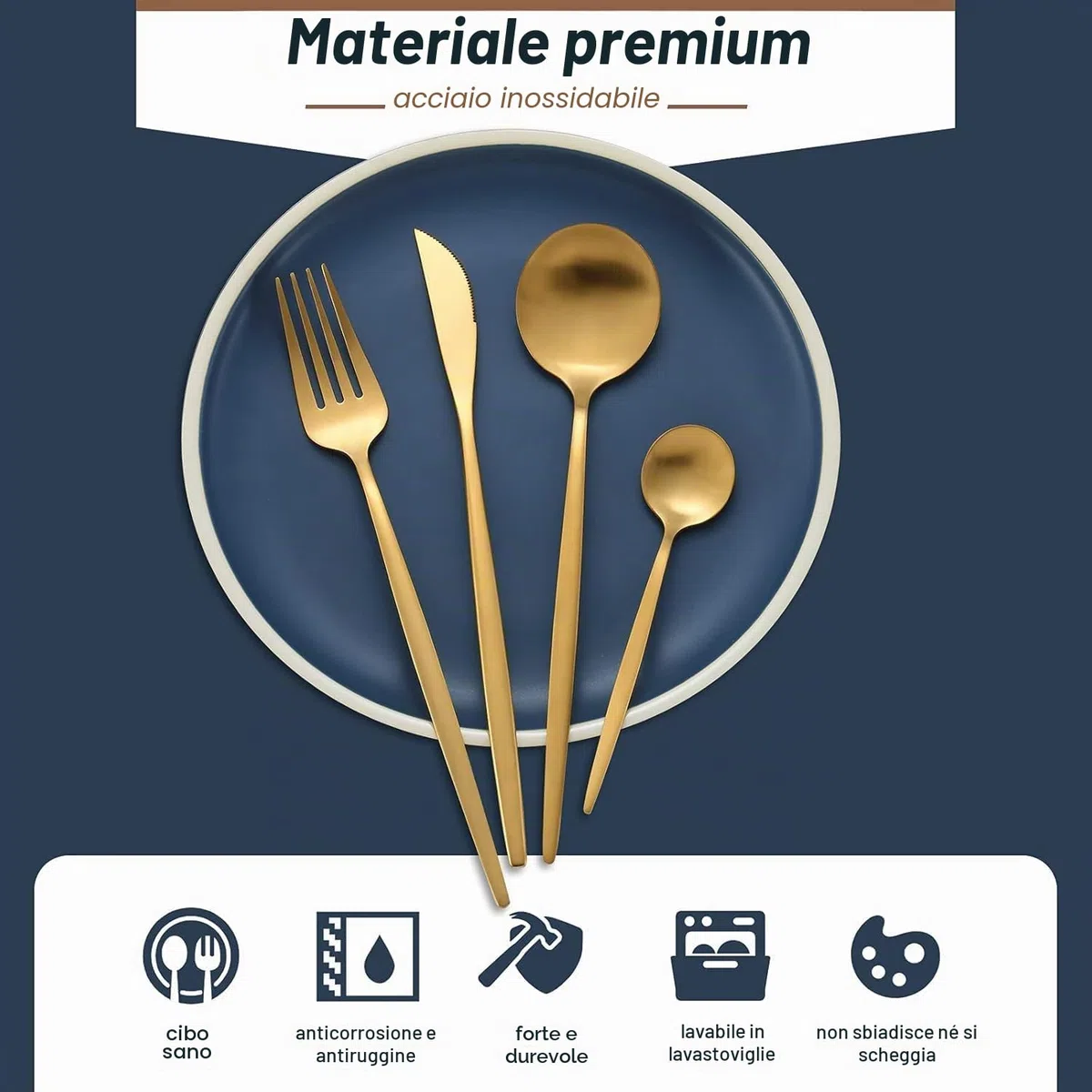 Bestdin Set di posate per 6 persone, 24 pezzi, posate oro opaco, set di posate con coltello, forchetta, cucchiaio, posate in acciaio inox di alta qualità, lavabili in lavastoviglie.