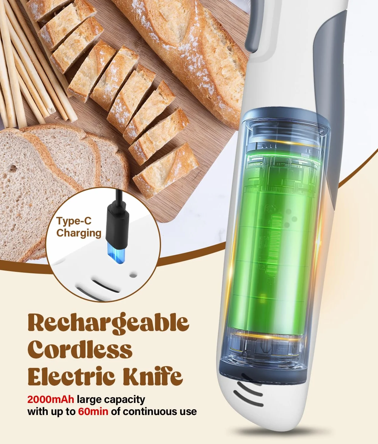 PAHTTO Coltello Elettrico Senza Fili con 2 Lame in Acciaio Inossidabile e Forchetta, 8V con Blocco di Sicurezza, per Carne, Pesce, Pane, Formaggio