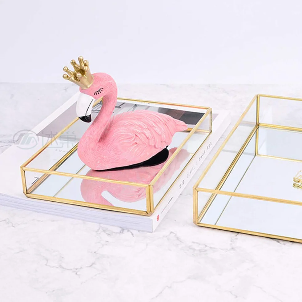 Vassoio per Gioielli e Trucco, Elegante Organizzatore Decorativo Dorato in Vetro a Specchio con Struttura in Metallo Fondo Riflettente 3 Dimensioni per Bagno e Camera da Letto