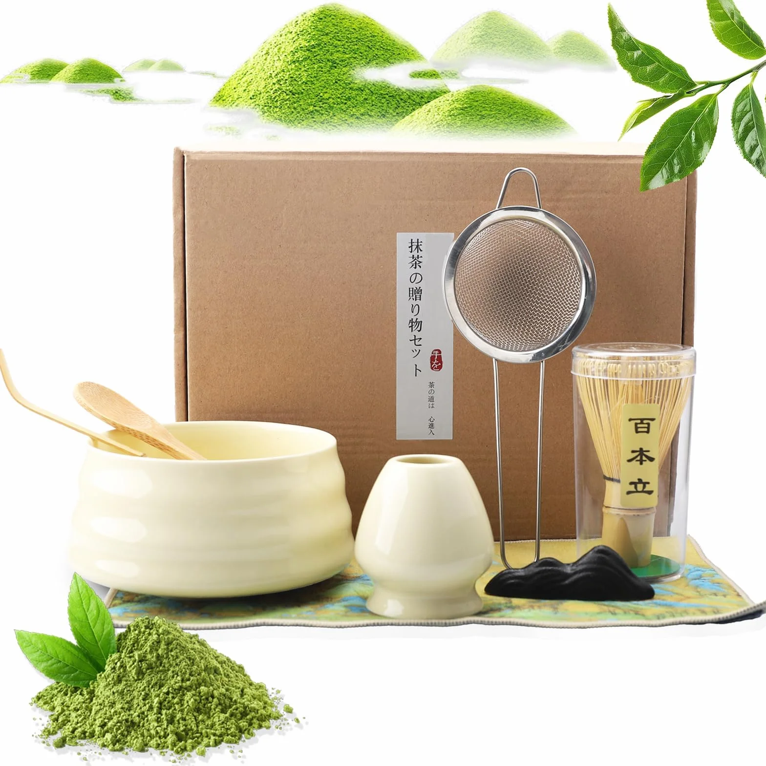 Set Matcha 8 Pezzi Set Tè Matcha con Frusta in Bambù Chasen, Ciotola Matcha, Setaccio e Cucchiaino – Kit Matcha Giapponese per Principianti, Set Accessori Premium Matcha (Giallo Latte)