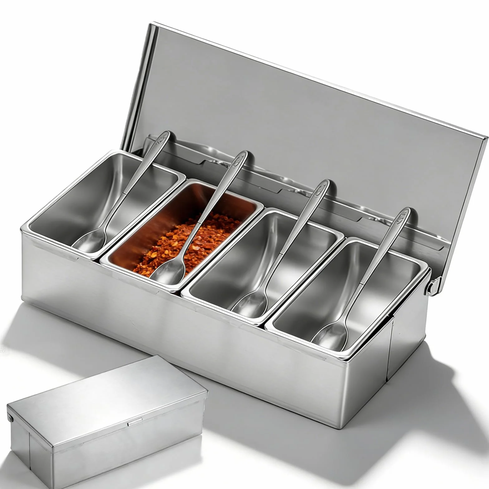 Contenitore per ingredienti in acciaio inox, 4 scomparti, 450 ml, con coperchio, 30 x 14 x 8 cm, per cocktail, spezie, barbecue, porta pizza, frutta, contenitore per alimenti per gastro cucina bar