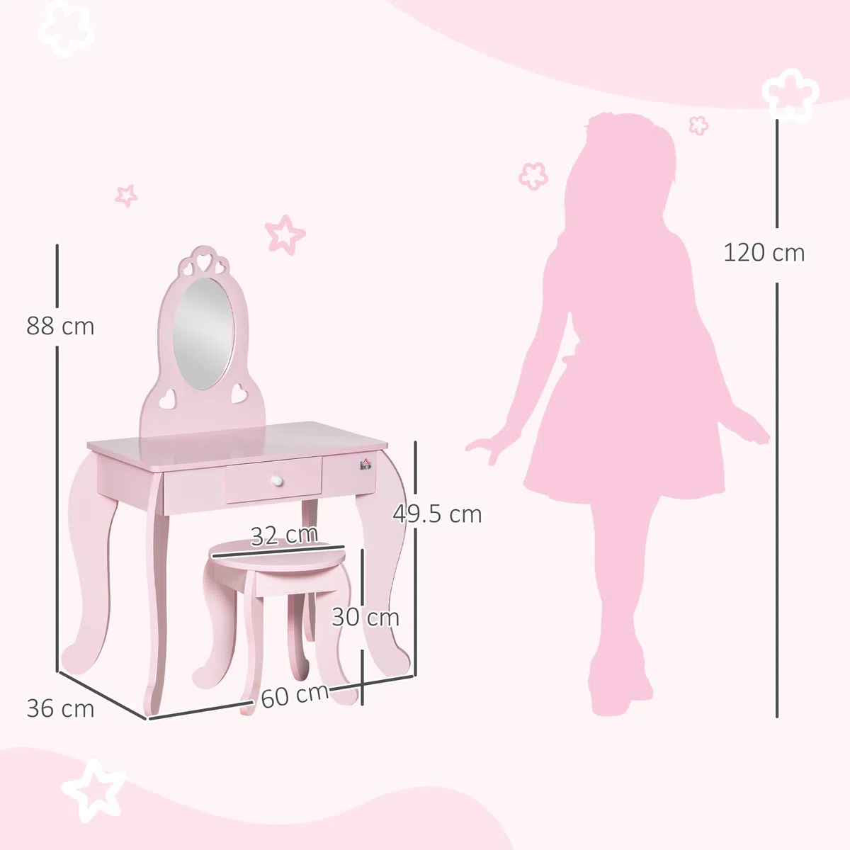 HOMCOM Toeletta Trucco Bambina con Sgabello in Legno, Postazione Trucco Bambina, Tavolo Trucco per Bambini 3-6 Anni con Specchio e Cassetto, Rosa