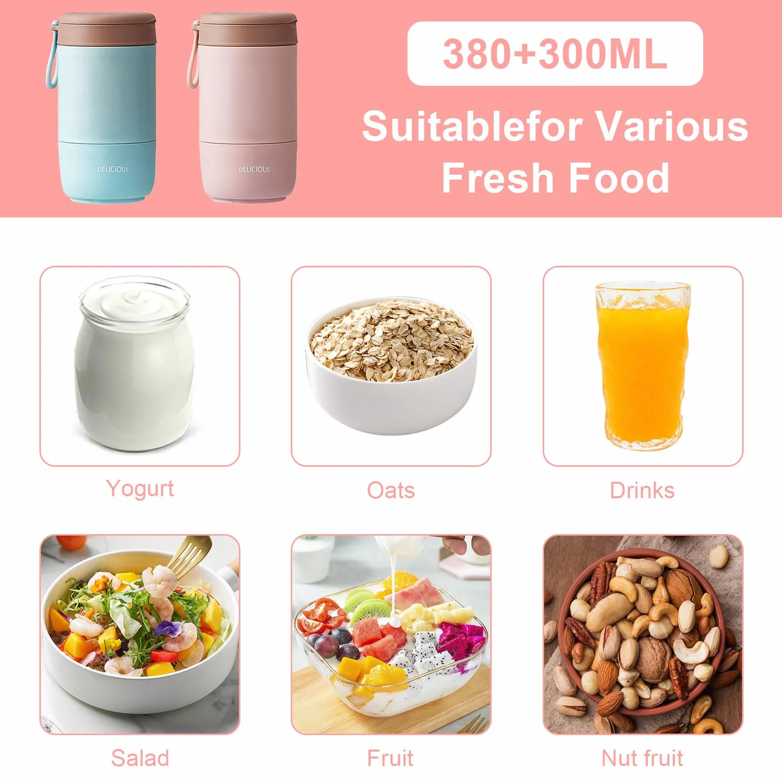2 bicchieri per cereali To Go con coperchio, in materiale PP, per yogurt, con cucchiaio, 780 ml, tazza per cereali, doppio strato, a prova di perdite, perfetto per lavoro, scuola