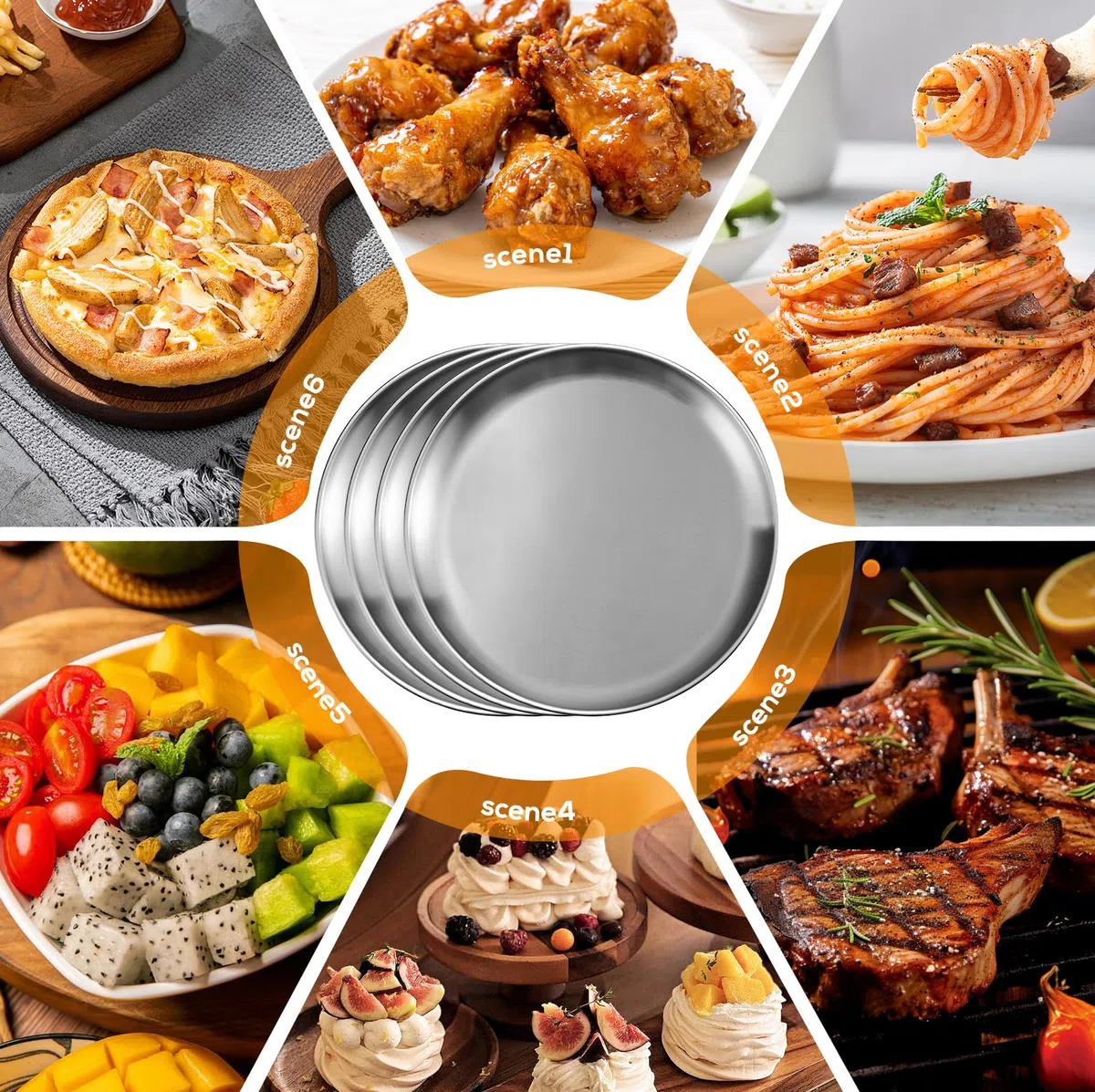 Bordeag Piatti Rotondi in Acciaio Inox 30cm, Set da 4 per Cucina, Pranzo, Campeggio, Feste