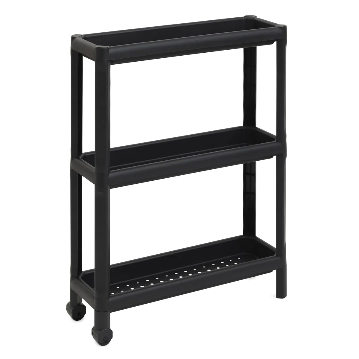 DEA HOME Tina Carrello salvaspazio nero 53x17x71h cm, in plastica resistente con 3 ripiani forati, con ruote e maniglie ergonomiche, pratico e versatile, per riporre oggetti in ambienti domestici