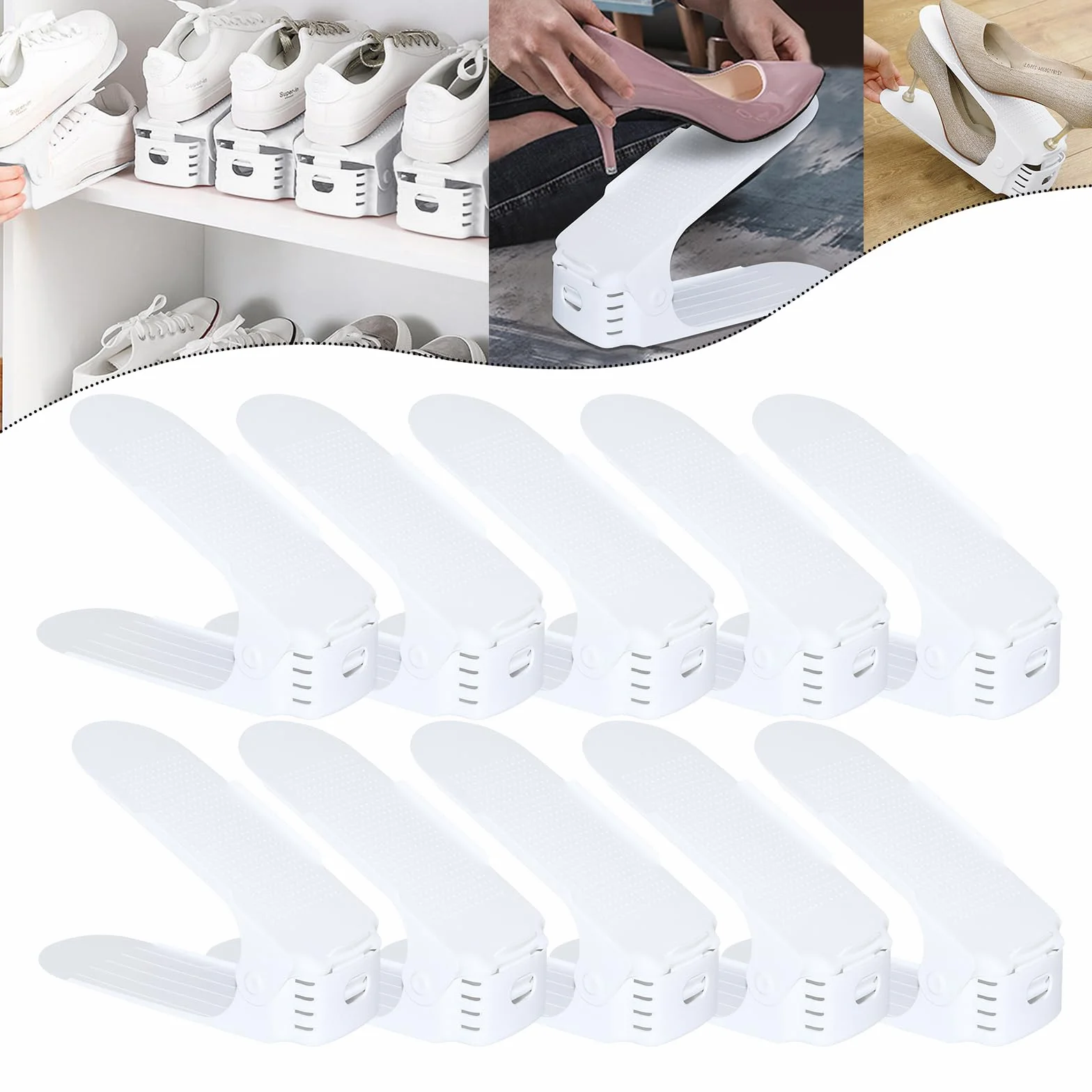 YUENFONG Portascarpe Regolabile 10 pezzi Portascarpe Regolabile, 3 Altezza Regolabile Antiscivolo in Plastica, per Organizzatore di Scarpe Scaffale Armadio, Bianco