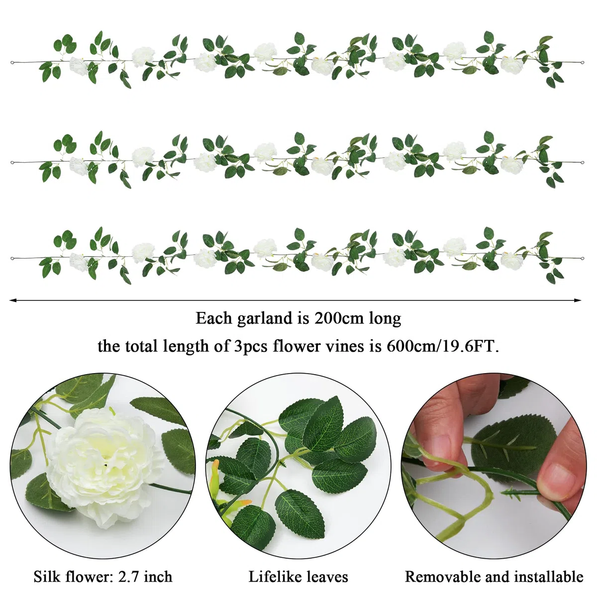 SHACOS 3 Pezzi da 200 cm Artificiale Ghirlanda Peonia Bianca Artificiale di Finta Seta Appesa Rattan Ghirlanda Simulazione Pianta Rampicante per Casa di Nozze Giardino Recinzione Decorazione Della