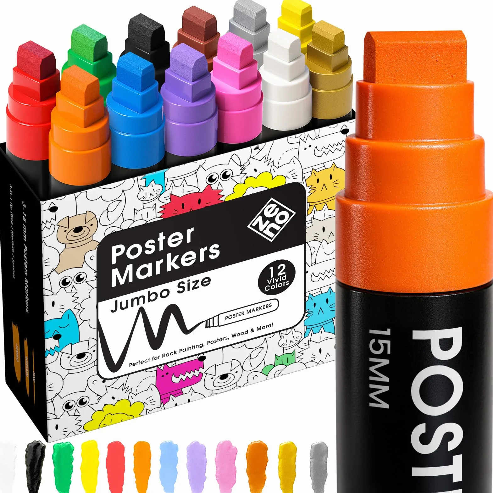 ZENO Pennarelli Acrilici Jumbo – 12 Colori Vivaci, Punta Chisel 3-in-1 da 15 mm, Pennarelli Vernice Waterproof per Legno, Sassi, Tessuto, Vetro, Poster, DIY, Bambini e Artisti