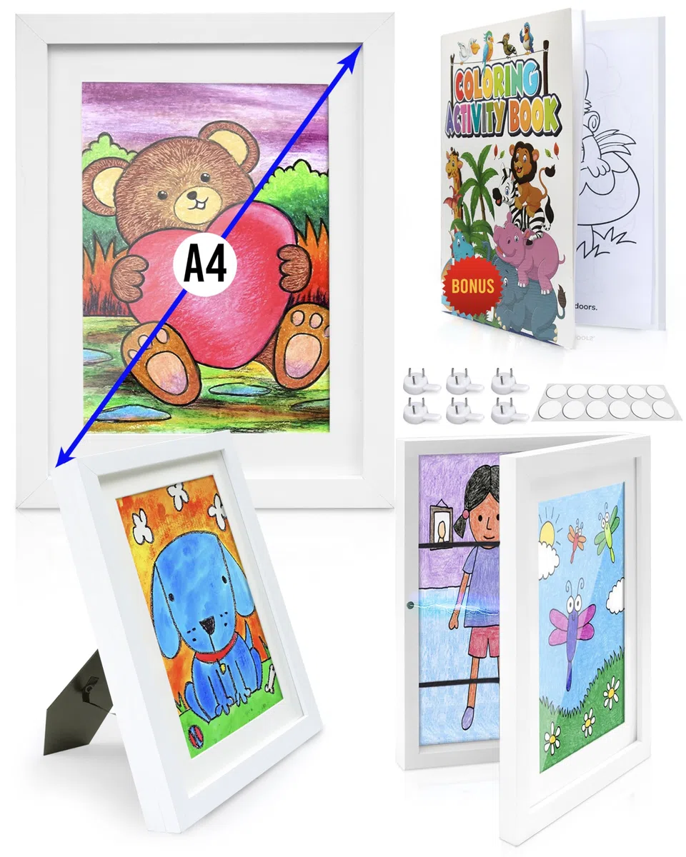 KidGallery Cornici Porta Disegni Bambini – 2 Cornici per Disegni Bambini Apribili A4 Bianche – Libro da Colorare Incluso – Archiviazione Pratica – Regalo Creativo per una Decorazione Personalizzata
