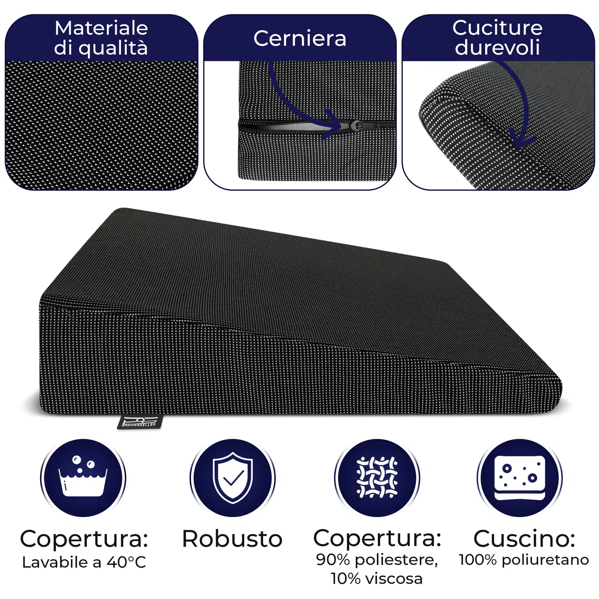 Cuscino a Cuneo 38x38x8/2 cm per Sedia, Ufficio e Auto, Cuscino Ergonomico per Seduta Corretta, Supporto per Schiena, Nero