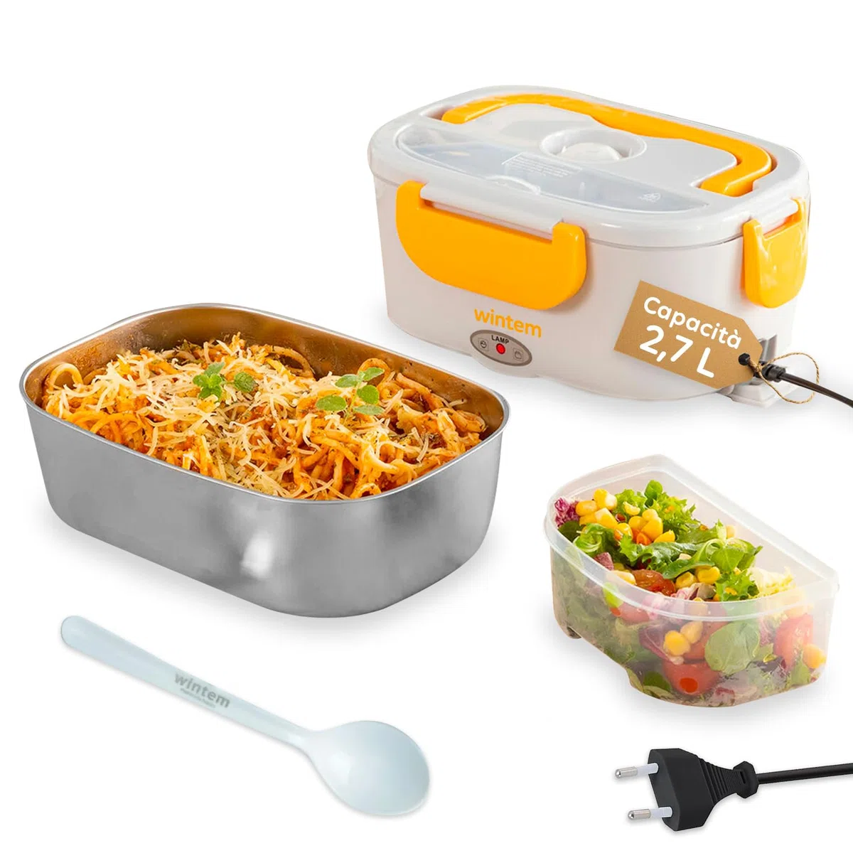 Wintem - Porta Pranzo Termico Elettrico 1,5L con Contenitori in Acciaio Inox, Riscaldamento 30 Min, Comparti Separati, Ideale per Ufficio, Viaggi e Pausa Pranzo Fuori Casa