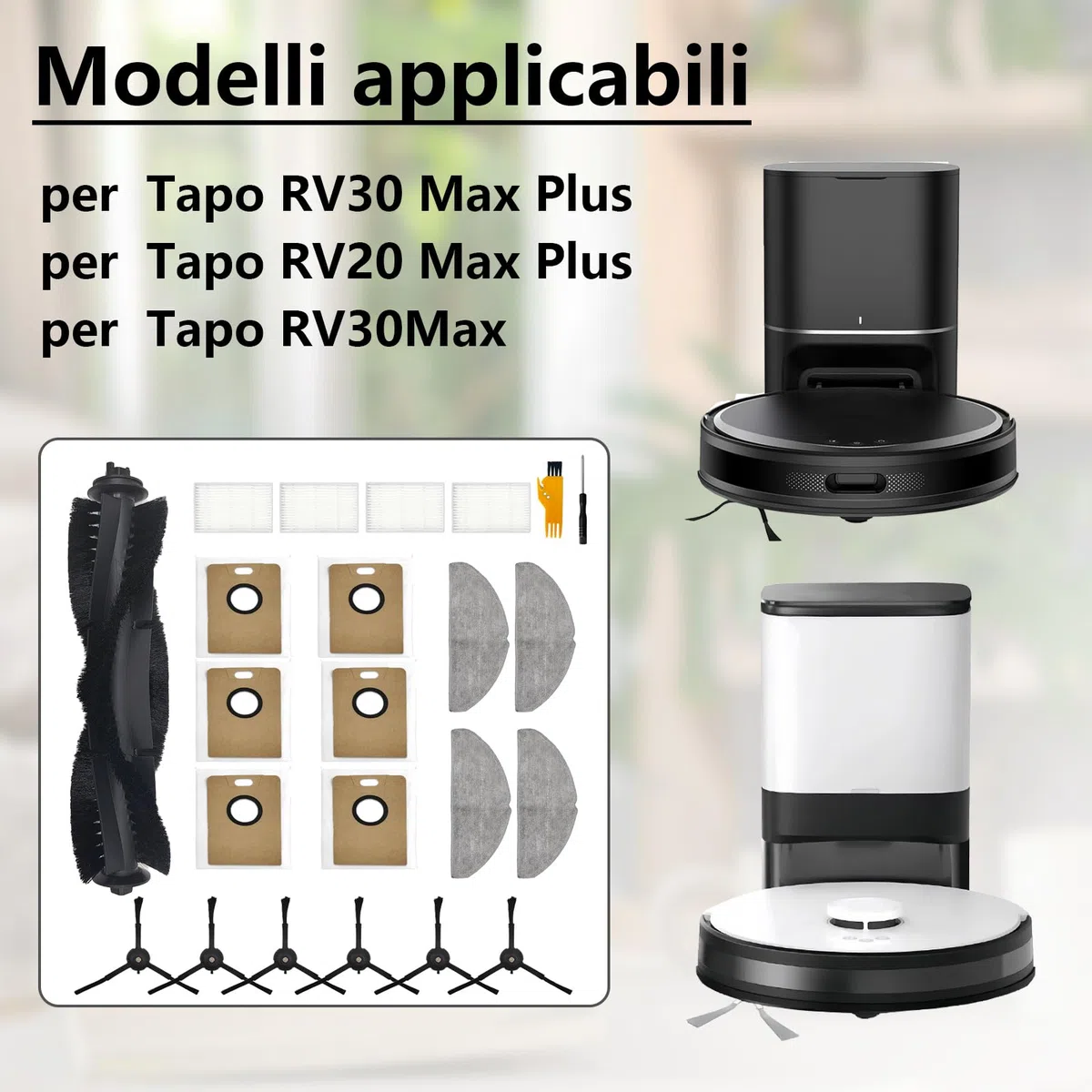 21 Pezzi Accessori per Tapo RV20 Max Plus / RV20 Max / RV30 Max Plus / RV30 Max Aspiratore, 1 Spazzola Principale, 4 Filtri, 4 Asciugamani, 6 Sacchetti di Polvere, 6 Spazzole Laterali