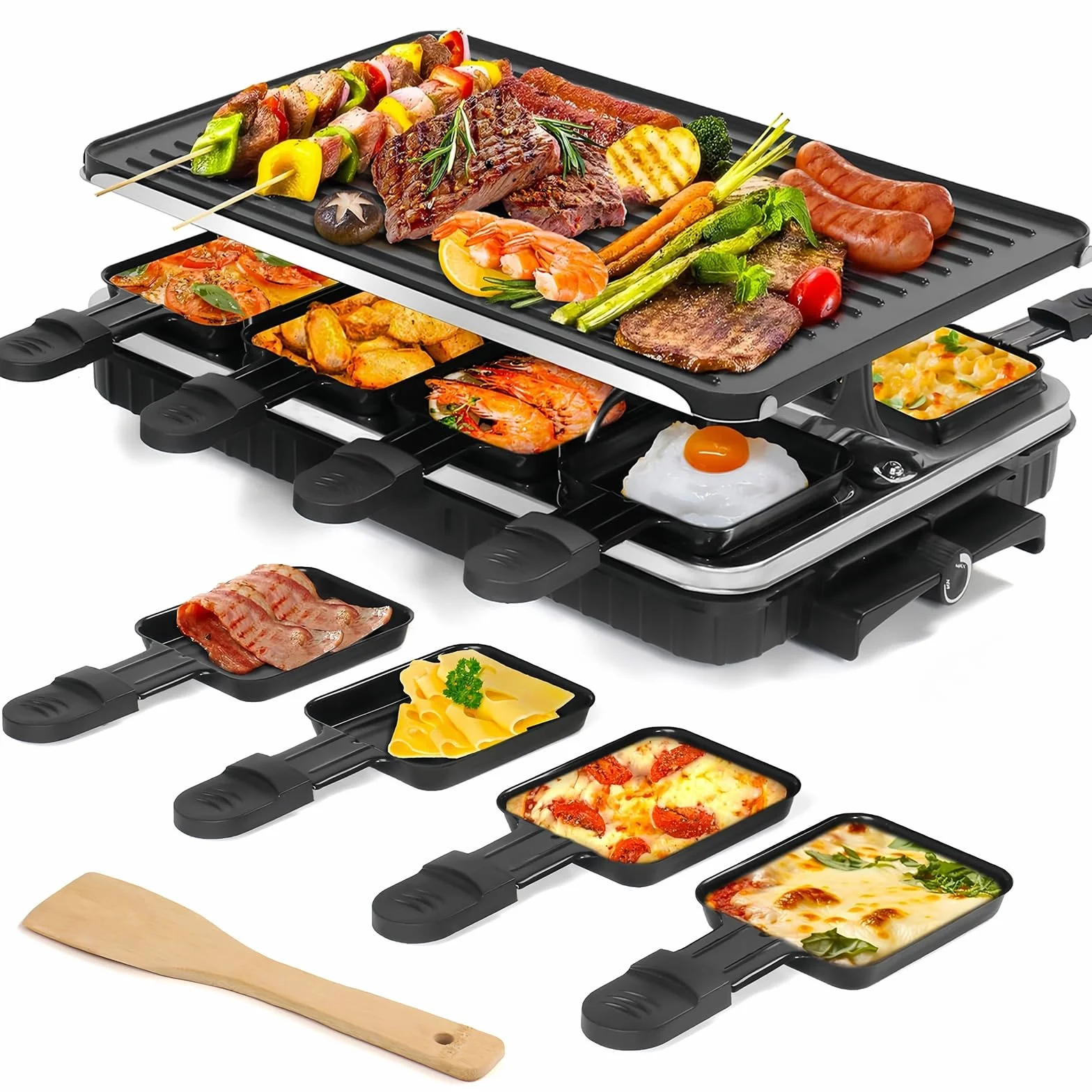 Griglia per Raclette, Raclette 8 Persone, 1300W Griglia Elettrica Antiaderente Reversibile con 8 Padelline per Formaggio Raclette in Miniatura e 1 Spatola di Legno, per Barbecue al Chiuso