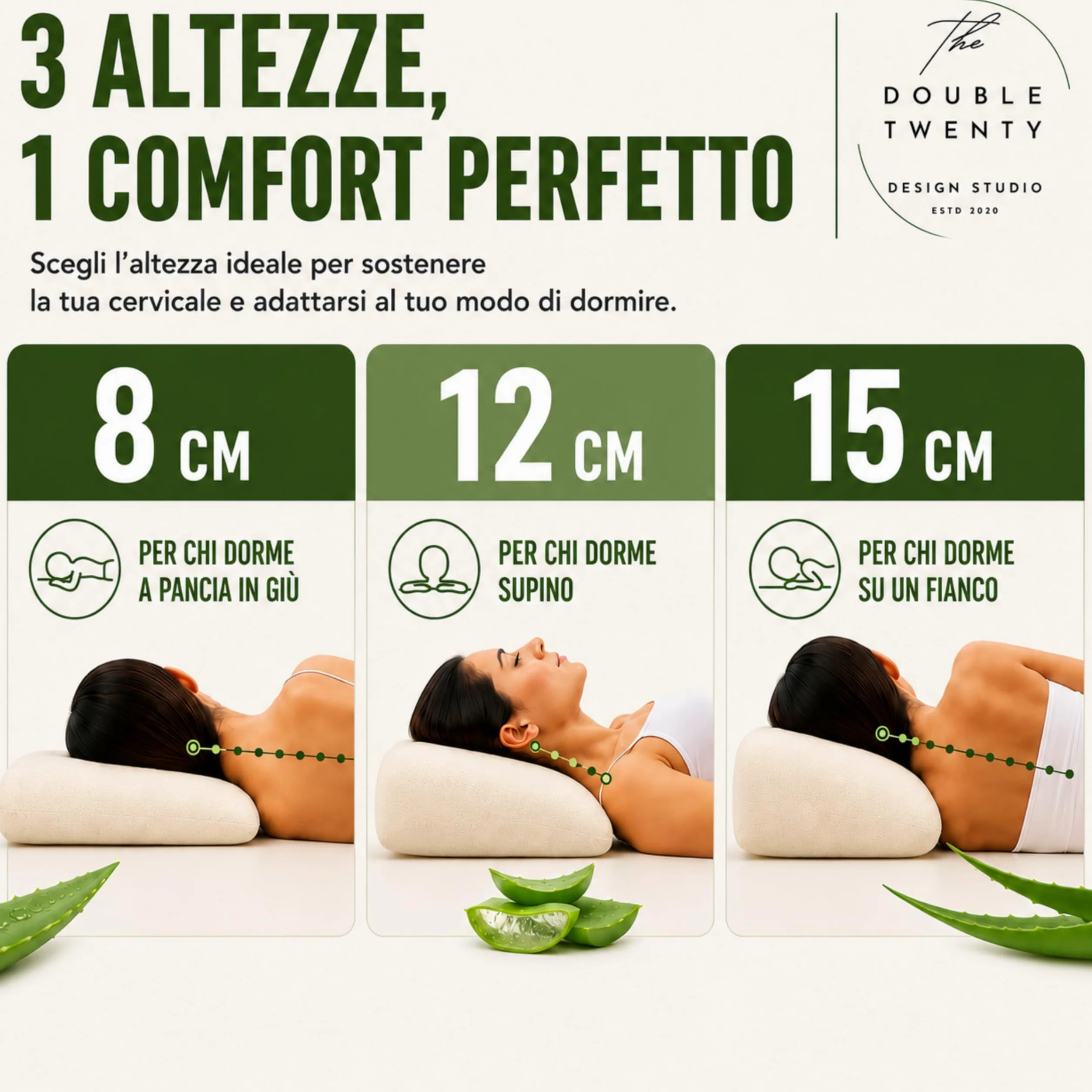 The Double Twenty | Cuscino Memory Foam BASSO 8 cm – Supporto Cervicale Ergonomico ad Alta Densità (Sostegno Deciso) – Modello Saponetta con Federa Aloe Vera – Ideale per Bambini e Posizione Supina