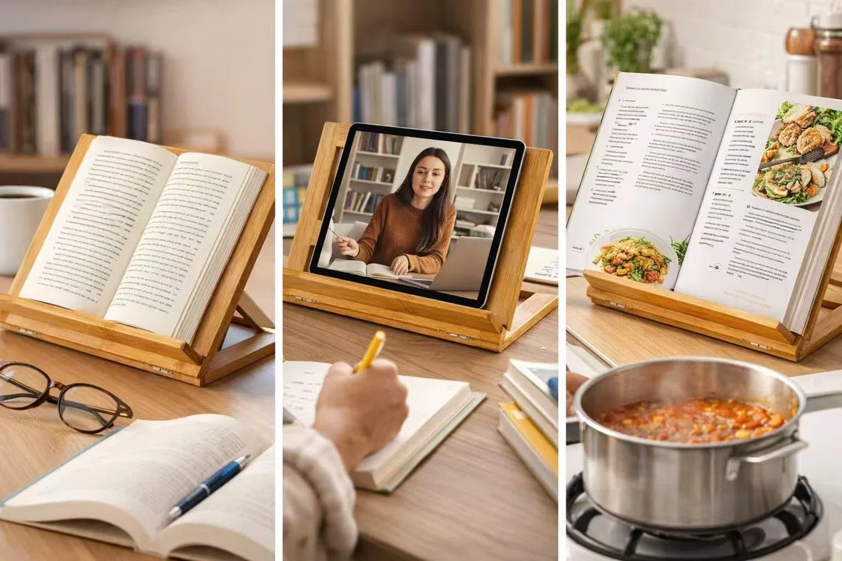 DAMDAM GO | Supporto di lettura regolabile legno Leggio regolabile in bambù naturale – Supporto per libri, ricette di cucina, tablet e iPad – Leggio pieghevole con 5 angoli regolabili