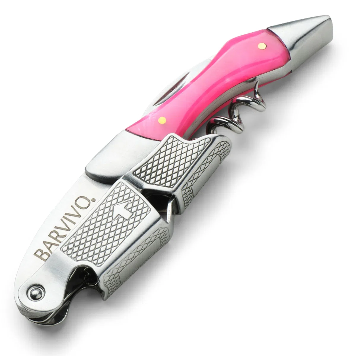 Barvivo Cavatappi Professionale Apribottiglie Perfetto per stappare Bottiglie di Vino, Birra, per Sommelier e Bartenders di Tutto Il Mondo. Realizzato in Acciaio Inox e Resina Rosa.