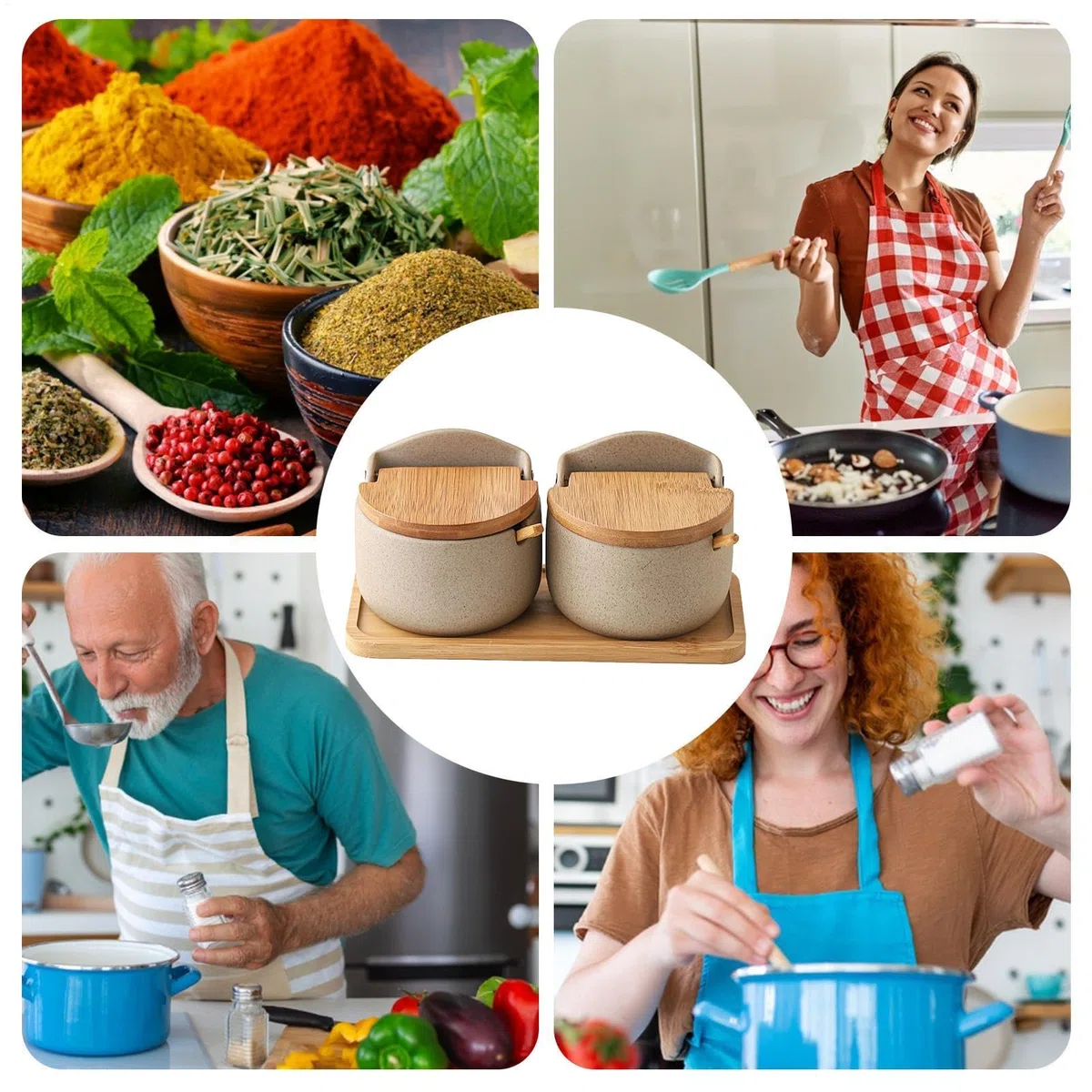 Contenitori Per Il Sale - Cantina Per Il Sale | 2x Porta Sale In Ceramica Con Coperchio A Cucchiaio In Legno, Scatola Per Condimenti, Barattolo Per Condimenti Da Cucina, Porta Sale Per Bancone, Baratt