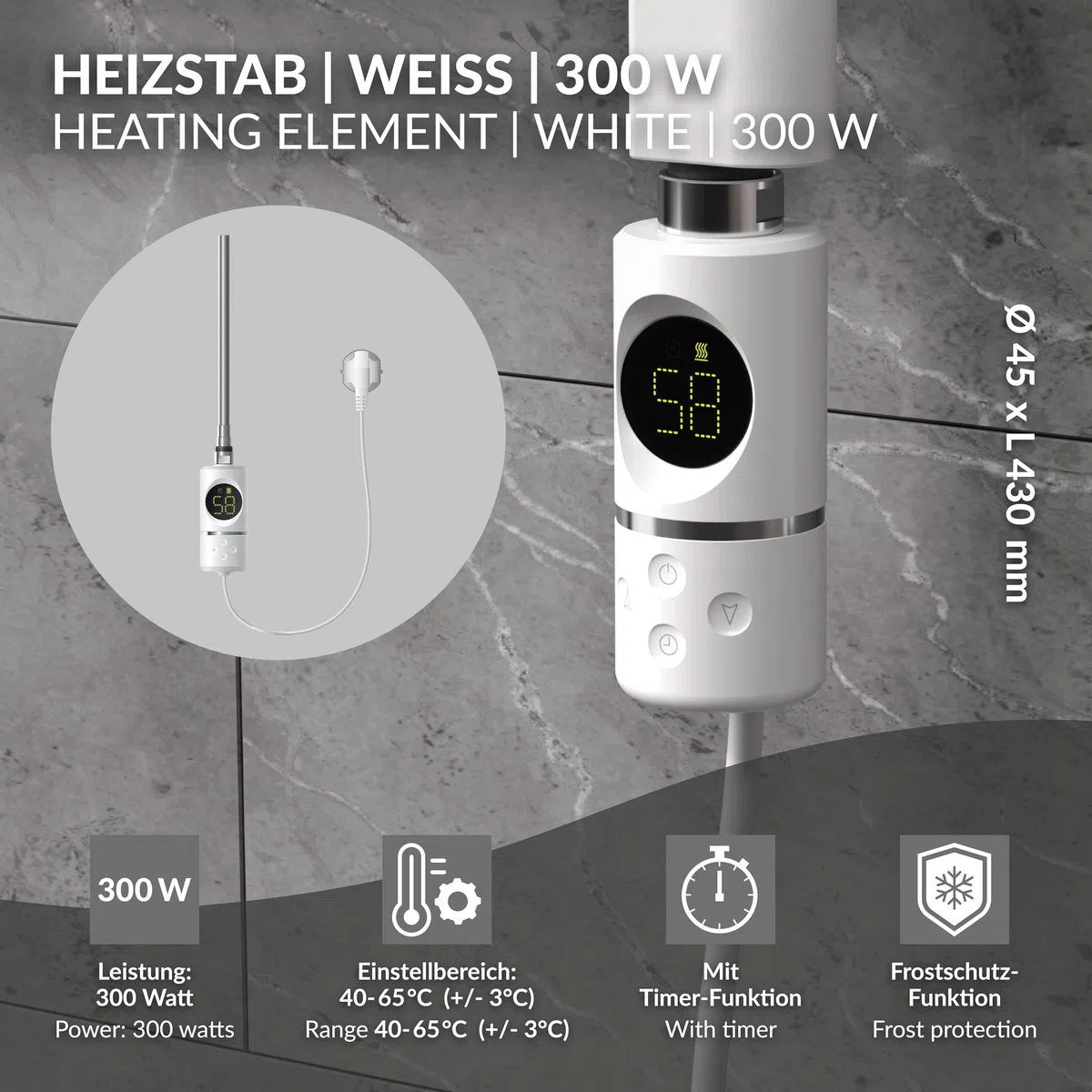 LuxeBath Resistenza Elettrica 300 W a Immersione Elemento di Riscaldamento per Calorifero Radiatore Termosifone con Termostato Controllo della Temperatura Bagno e Schermo LCD Design Moderno Bianco