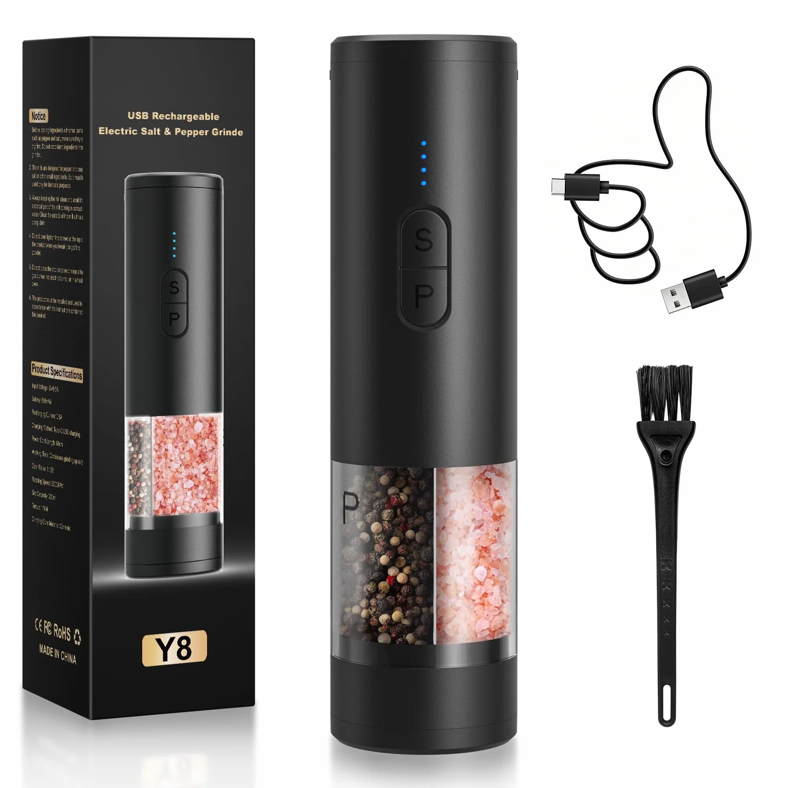 Set elettrico 2 in 1 per sale e pepe, macinapepe automatico, illuminazione a LED, macinino regolabile, grande capacità ideale per cucina e barbecue (nero)