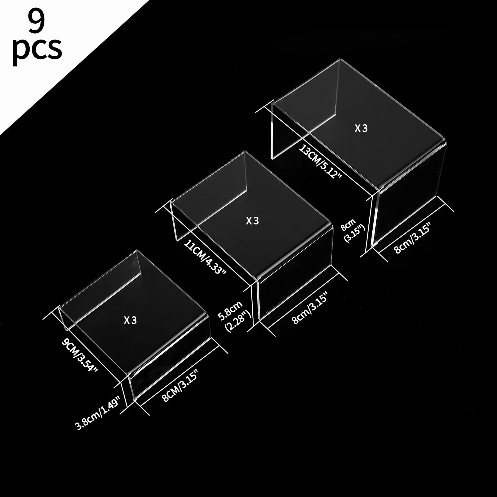 9 Pz Alzate di Display in Acrilico, Alzate per Espositori Gioielli, Espositore Vetrina in Trasparente, Scaletta Esposizione per Display, Figure, Buffet, Cupcakee, Modellismo