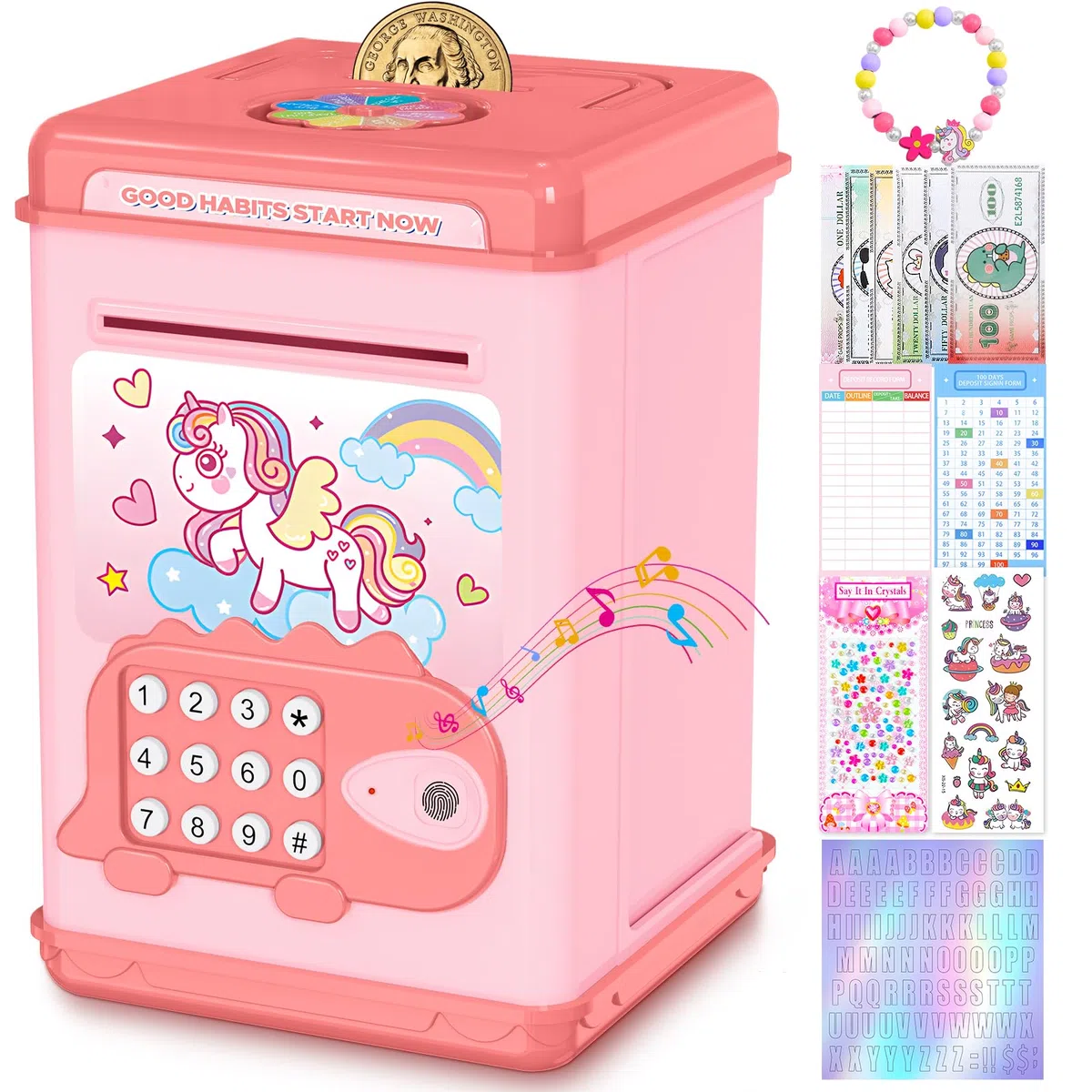 TCJJ Unicorno Salvadanaio Per Bambini,Salvadanaio Per Ragazze Con Password E Sblocco Delle Impronte Digitali,4 Adesivi,Braccialetto Con Unicorno,Regali Con Ragazze Per Natale