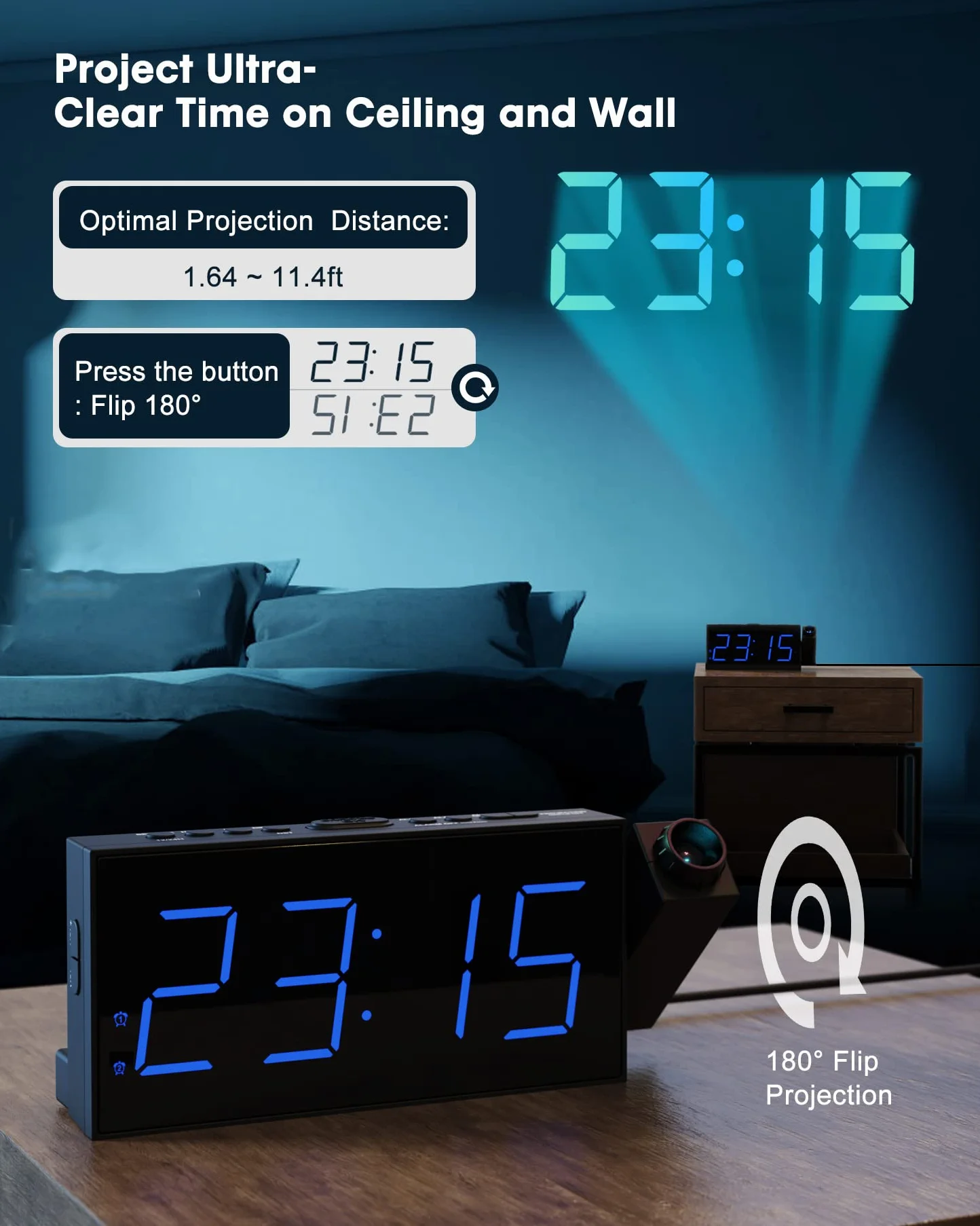 ROCAM Sveglia con Proiettore da Comodino, 7" Display LED &Dimmer, Porta USB, 12/24 Ore, Batteria Backup, Sveglia Digitale per Camera da Letto | Orologi a Proiezione