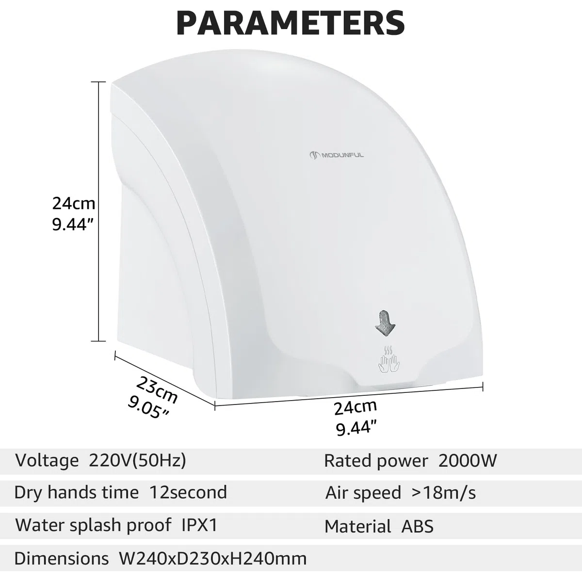 modunful Asciugamani automatico Asciugamani a muro con luce pilota, asciugatura ad aria calda e fredda, compatto classico commerciale 220V 2000W bianco