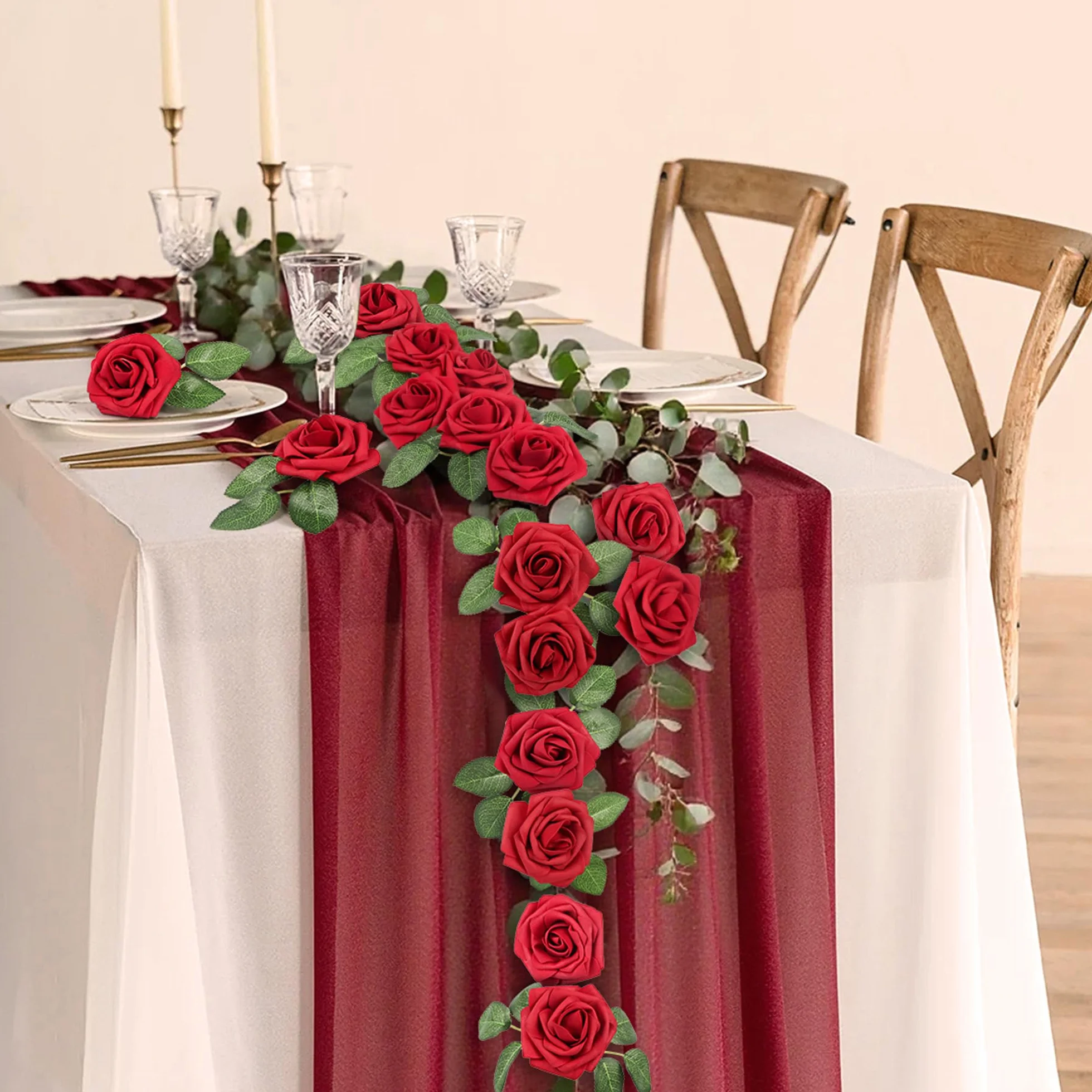 Mocoosy 50 Pcs di rose rosse fiori artificiali, rose rosso scuro schiuma rose finte sfuse con stelo fiori artigianali DIY per bouquet da sposa centrotavola composizioni feste decorazioni per la casa