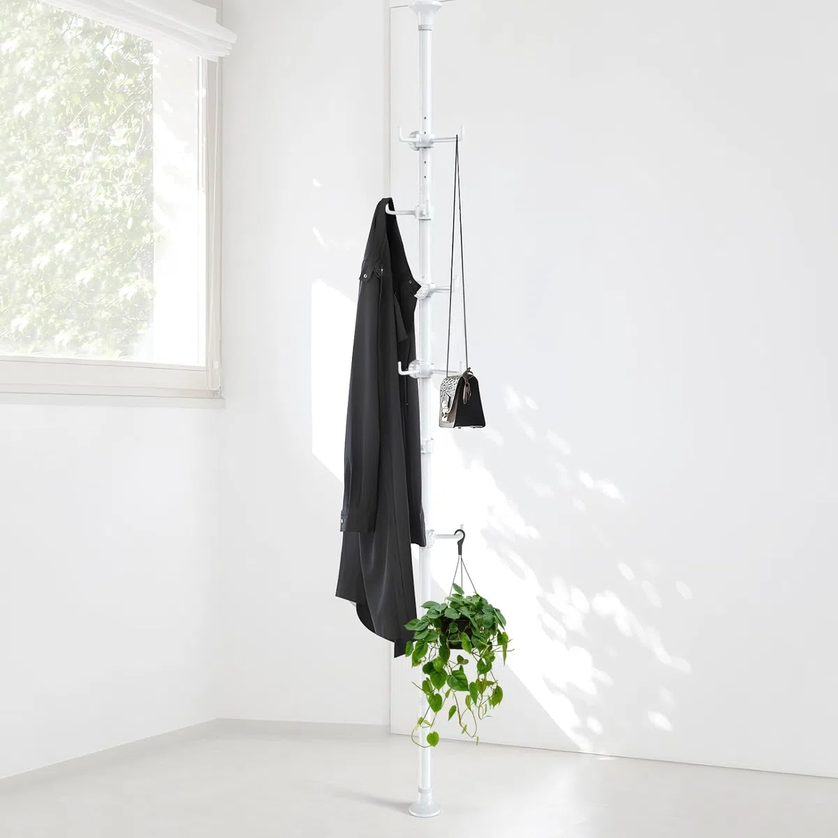 Appendiabiti regolabile da 140 cm a 310 cm, bianco con 12 ganci per appendere cappotto, cappello, sciarpa, adatto per soggiorno, balcone, cucina