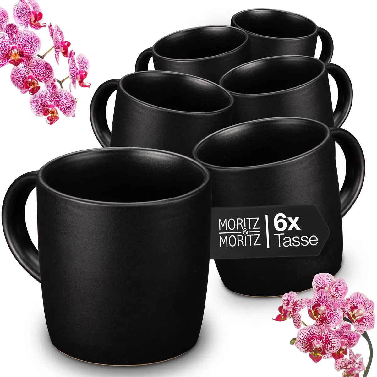 Moritz & Moritz NORDIC Set di 6 tazze da caffè nero - ca. 300 ml in gres di alta qualità - Design elegante con manico - tazze con manico per caffè, tè, cioccolata calda, cappuccino